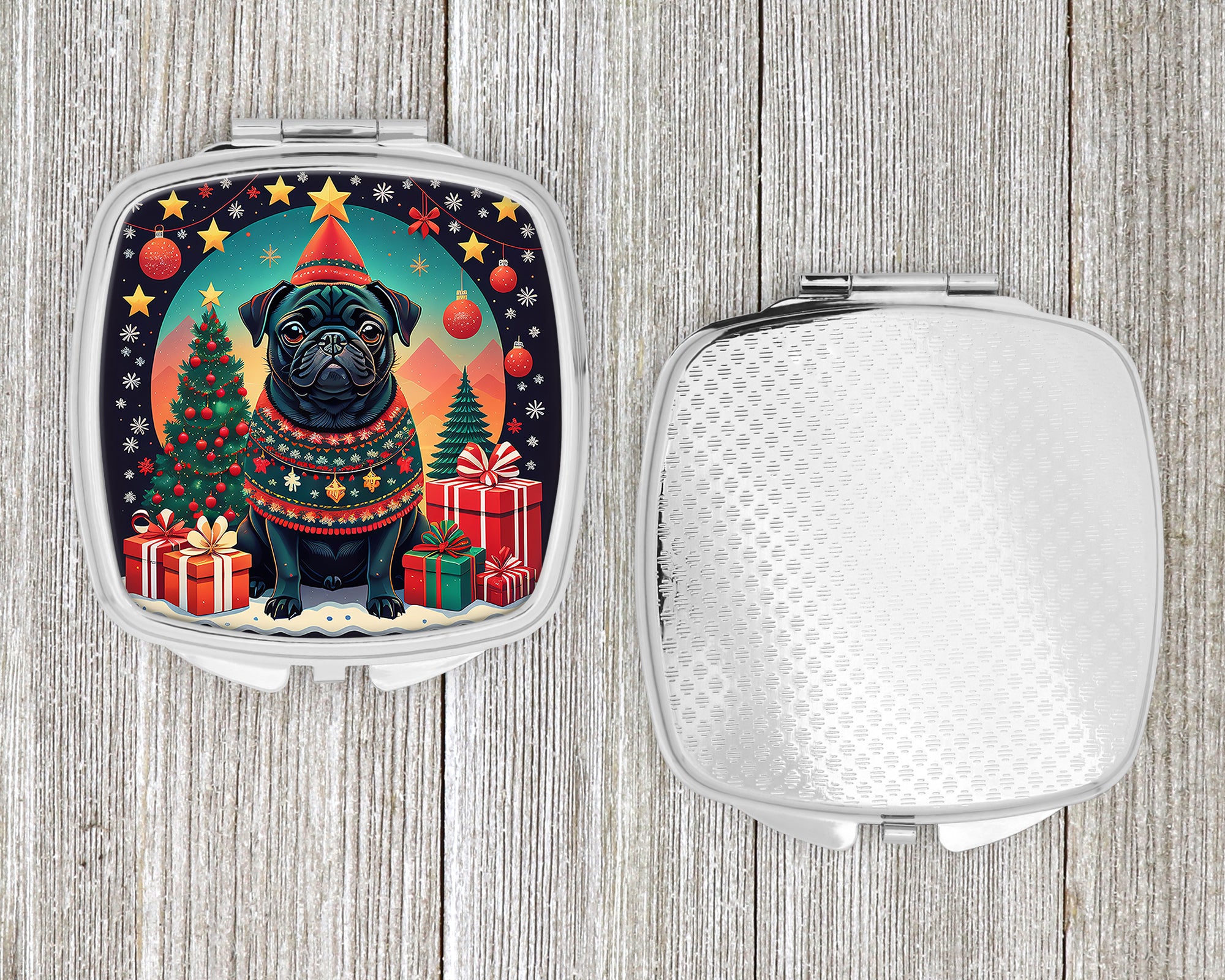 Black Pug Christmas Compact Mirror