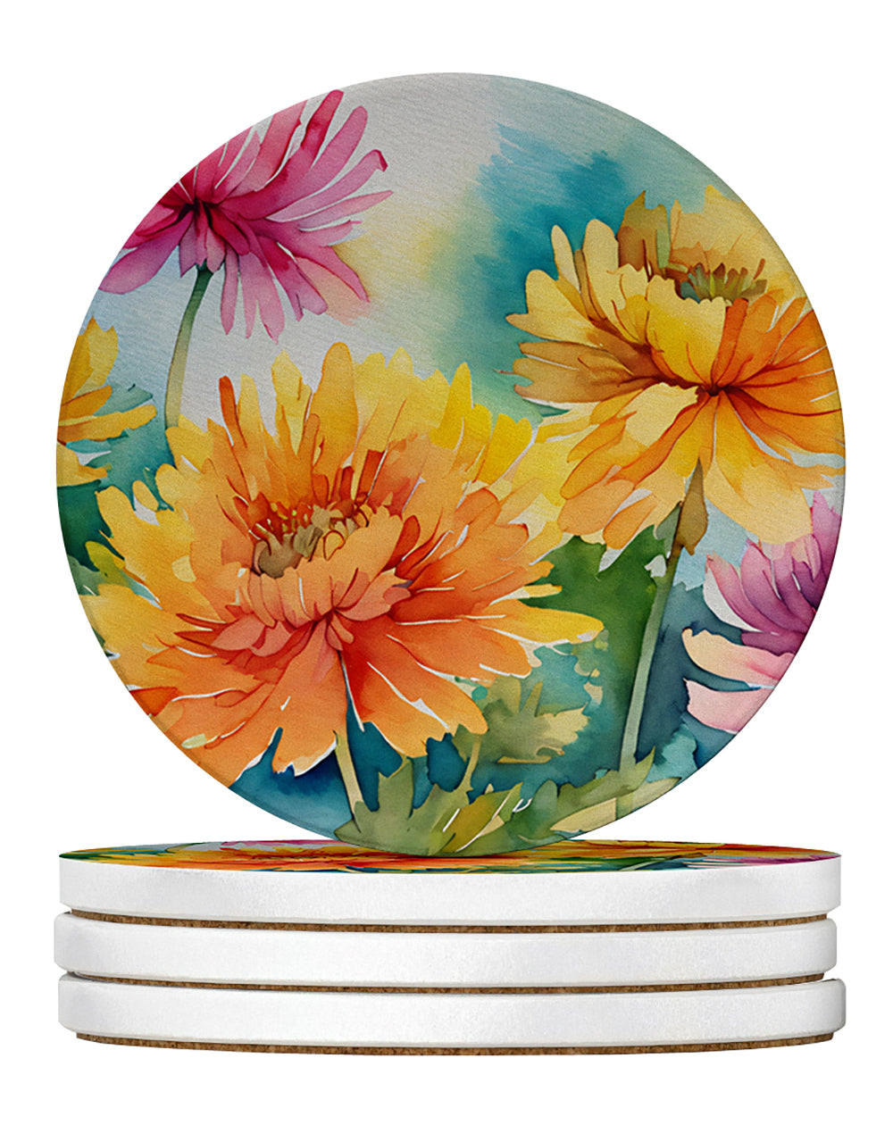 Buy this Chrysanthemums in Watercolor Large Sandstone Coasters Pack of 4