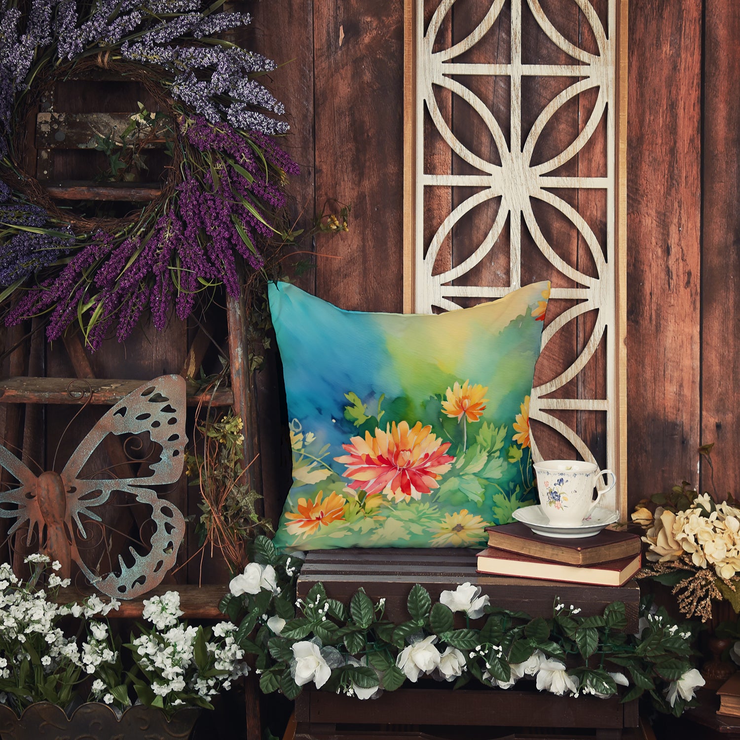 Chrysanthemums in Watercolor Throw Pillow