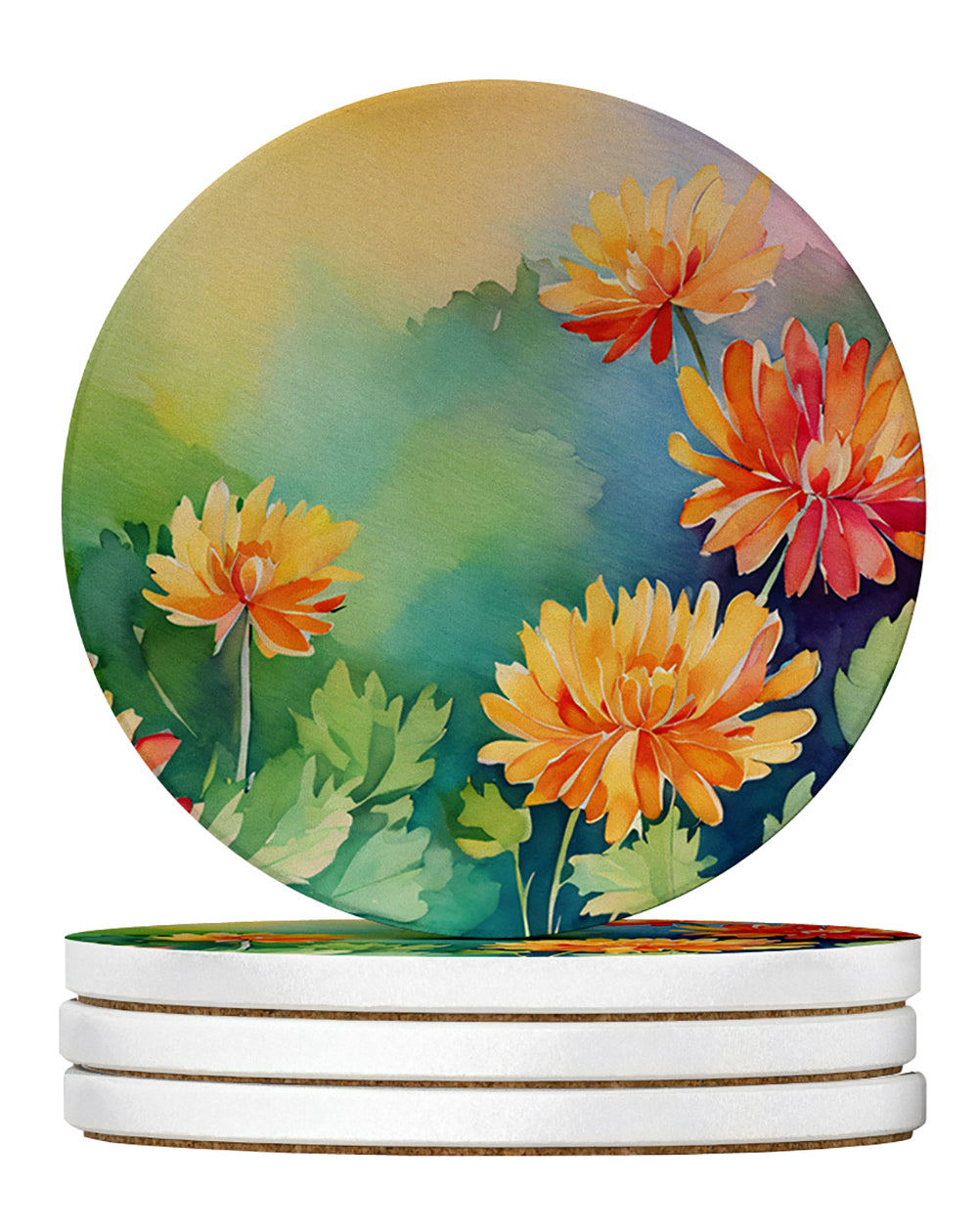 Buy this Chrysanthemums in Watercolor Large Sandstone Coasters Pack of 4