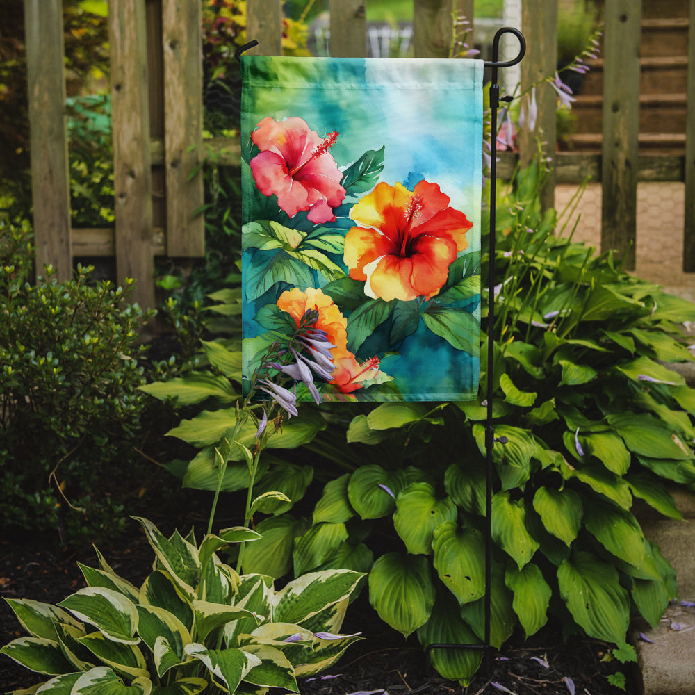 Hawaii Hawaiian Hibiscus in Watercolor Garden Flag