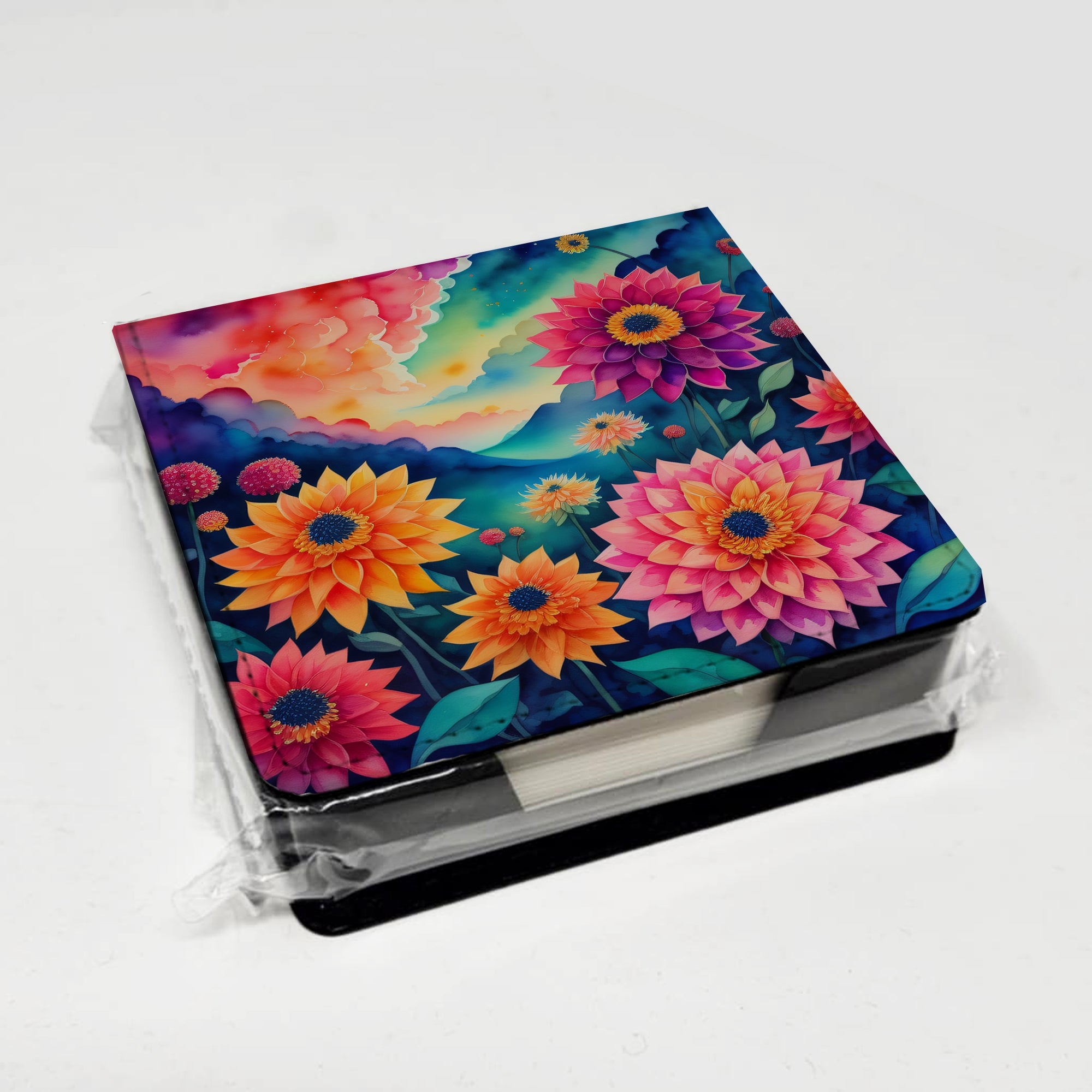 Colorful Dahlias PU Leather Note Paper Holder