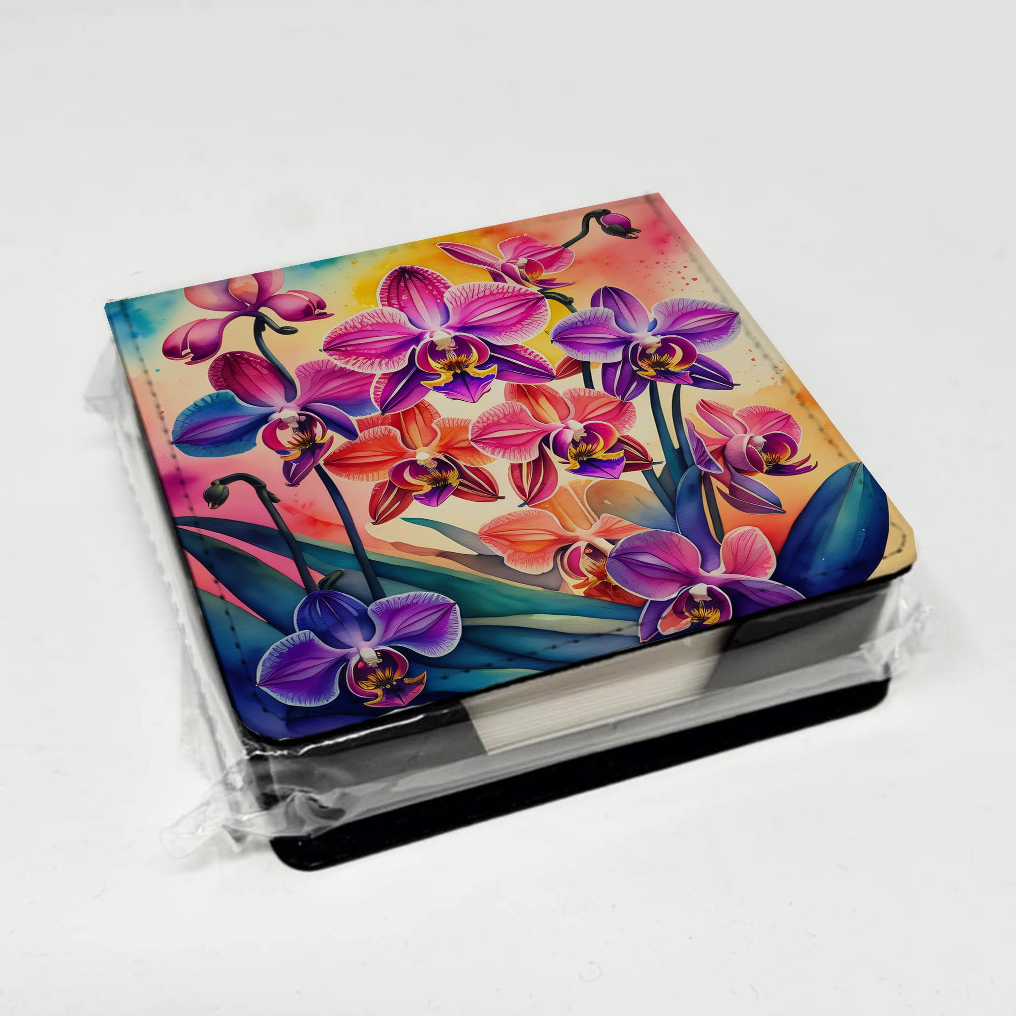 Colorful Orchids PU Leather Note Paper Holder