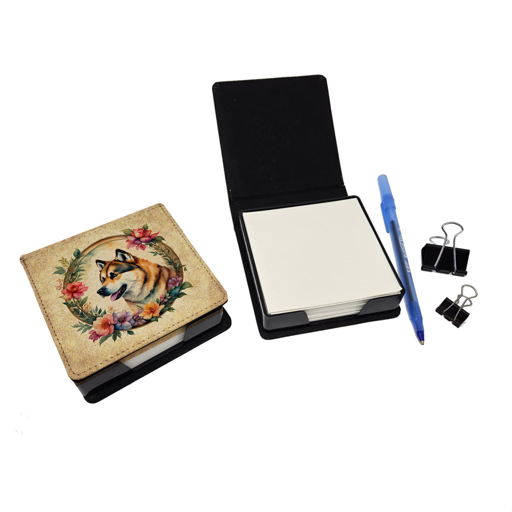 Akita and Flowers PU Leather Note Paper Holder