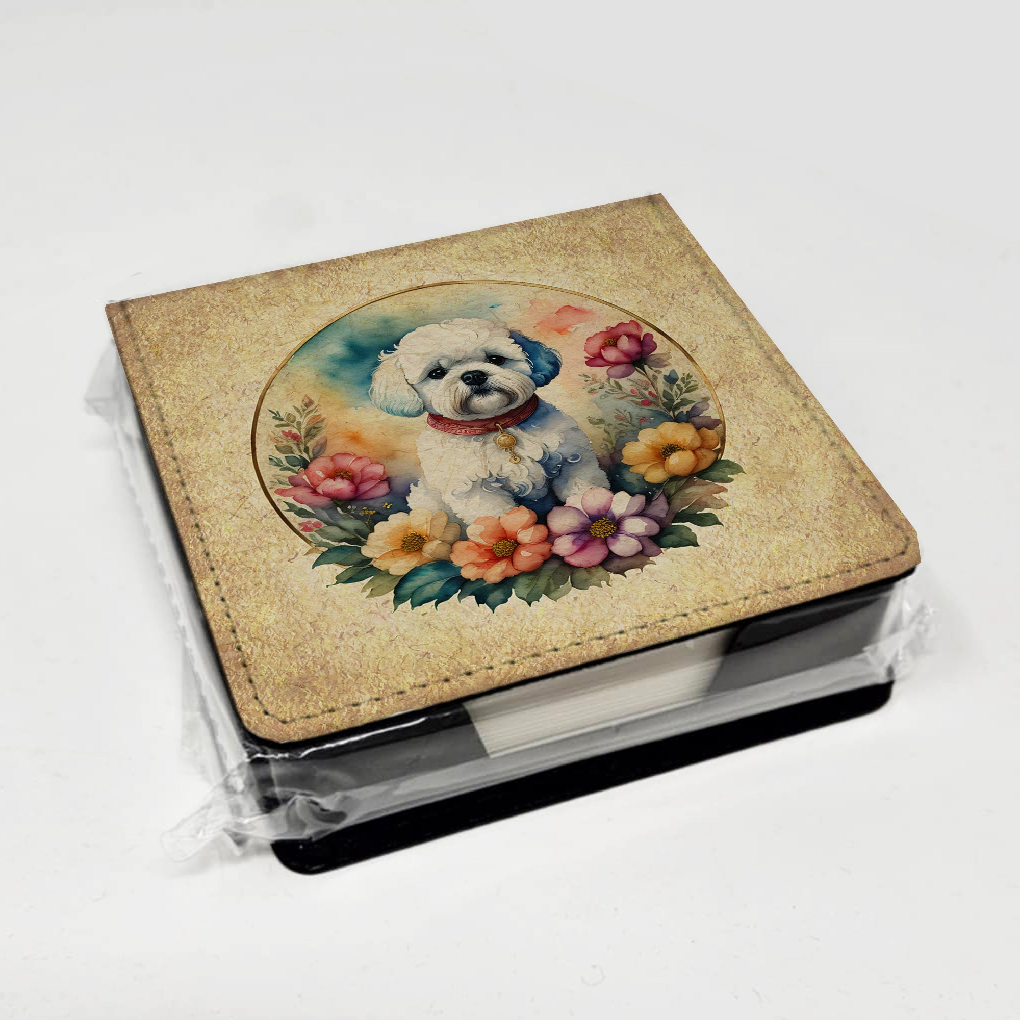 Bichon Frise and Flowers PU Leather Note Paper Holder