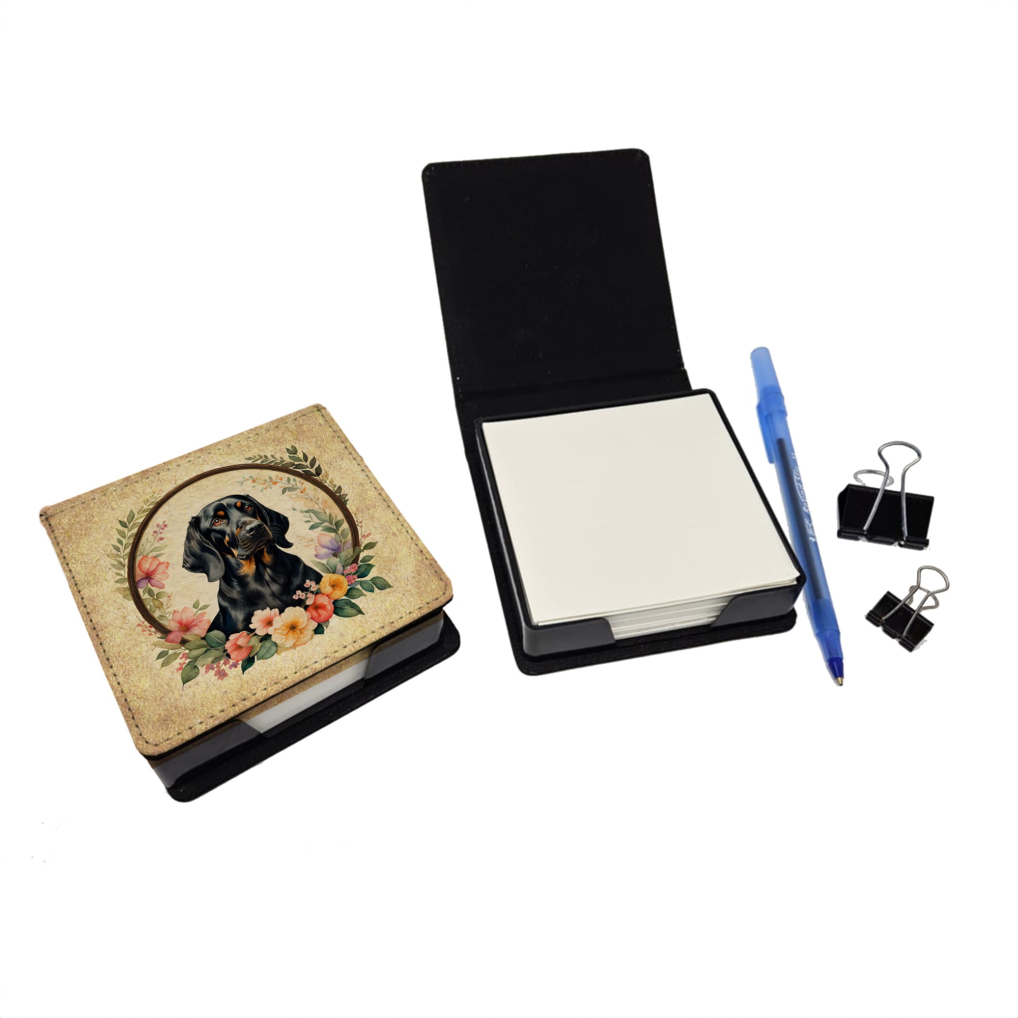 Buy this Black and Tan Coonhound and Flowers PU Leather Note Paper Holder