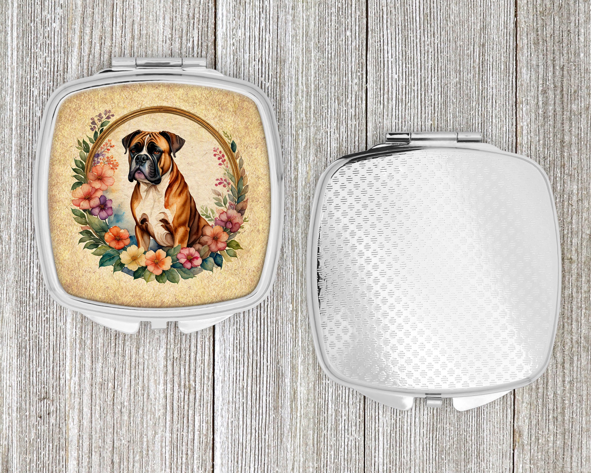 Boxer and Flowers Compact Mirror