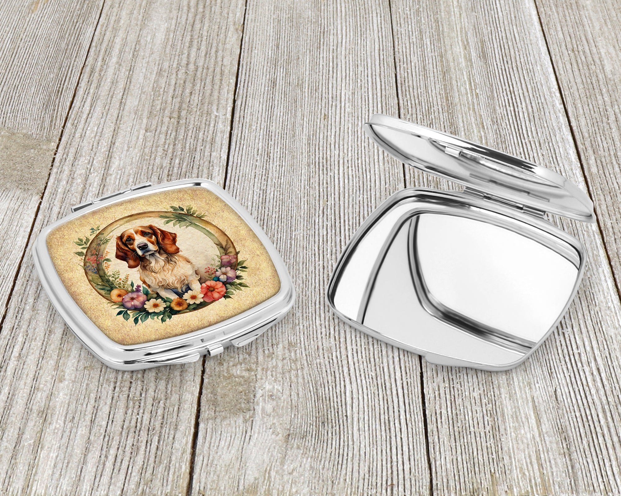 Brittany Spaniel and Flowers Compact Mirror