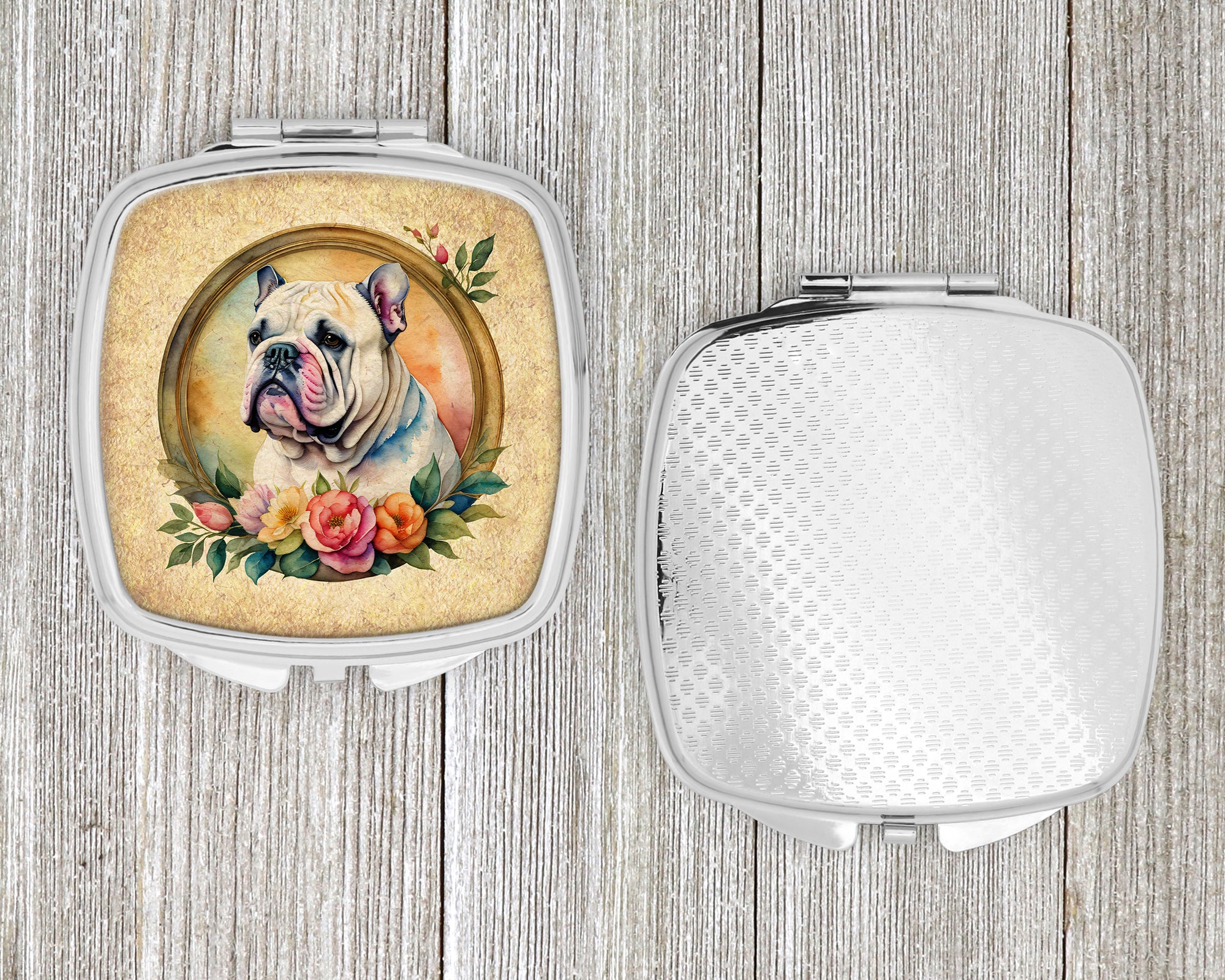 English Bulldog and Flowers Compact Mirror