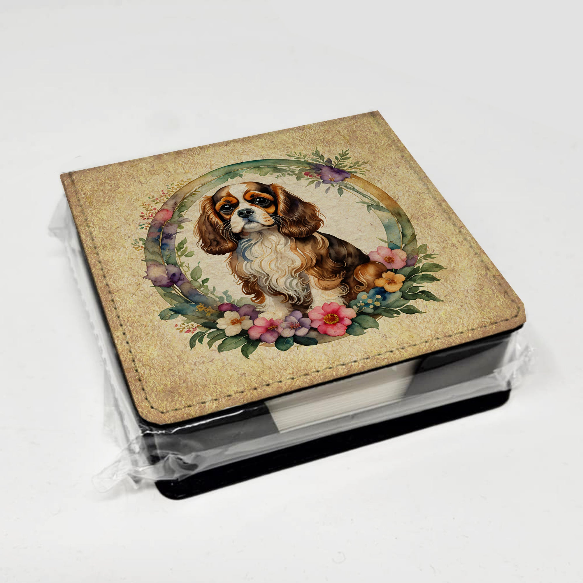 Cavalier Spaniel and Flowers PU Leather Note Paper Holder