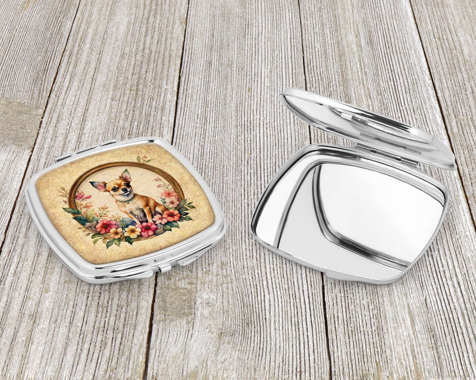 Chihuahua and Flowers Compact Mirror