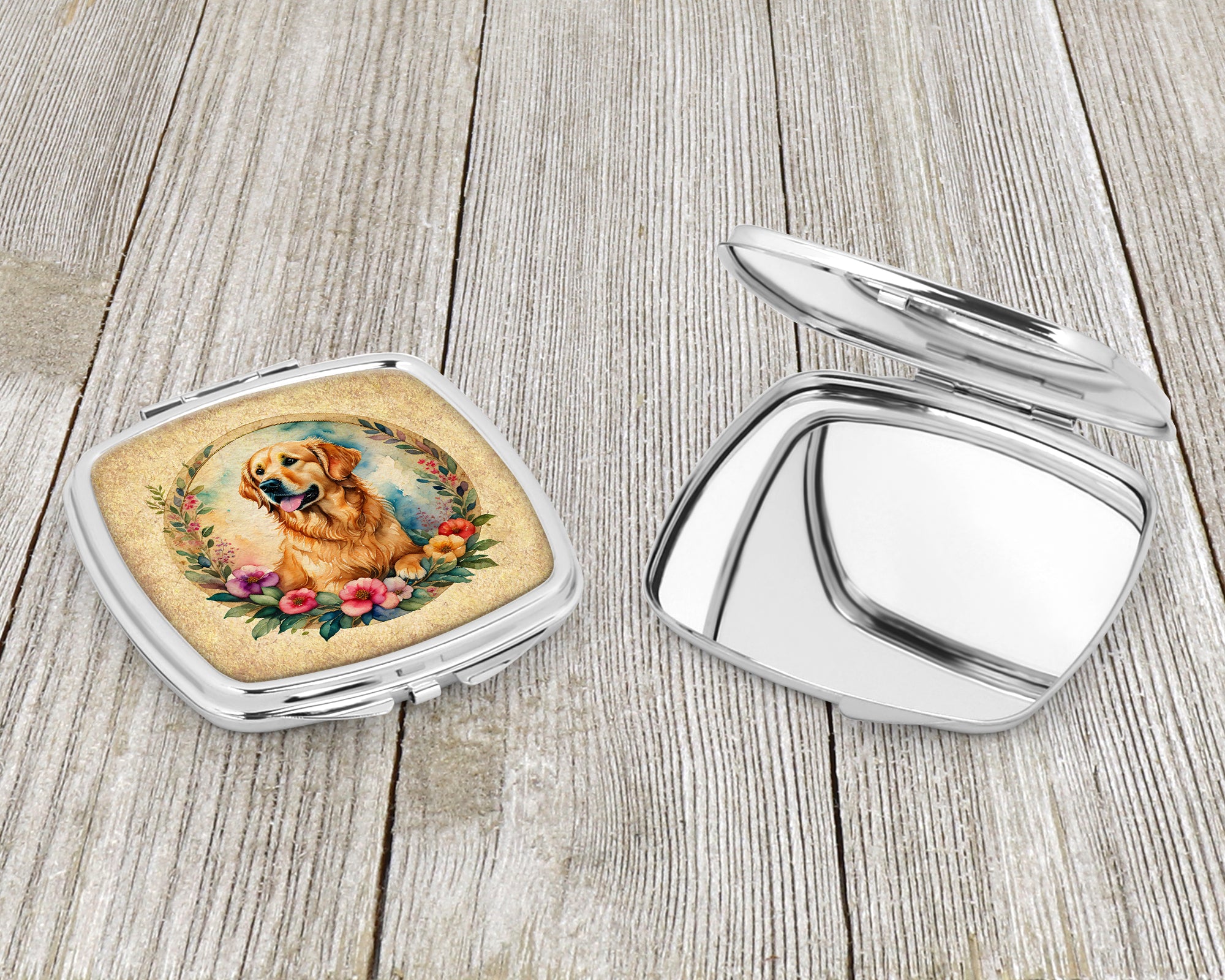 Golden Retriever and Flowers Compact Mirror