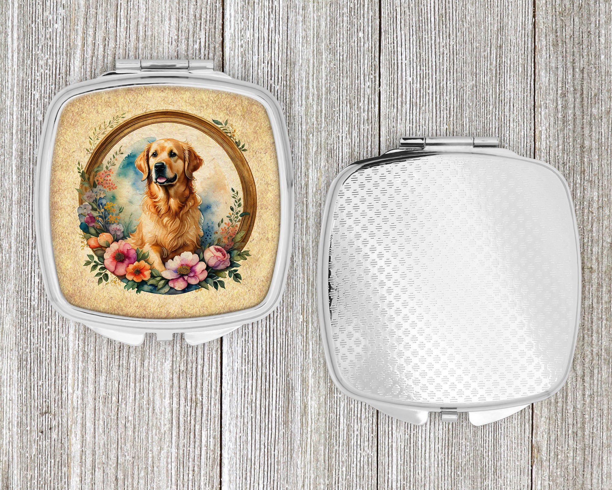 Golden Retriever and Flowers Compact Mirror