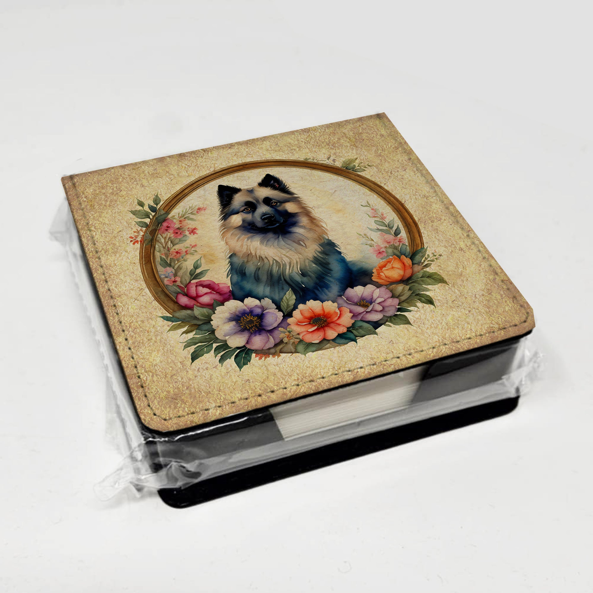 Keeshond and Flowers PU Leather Note Paper Holder