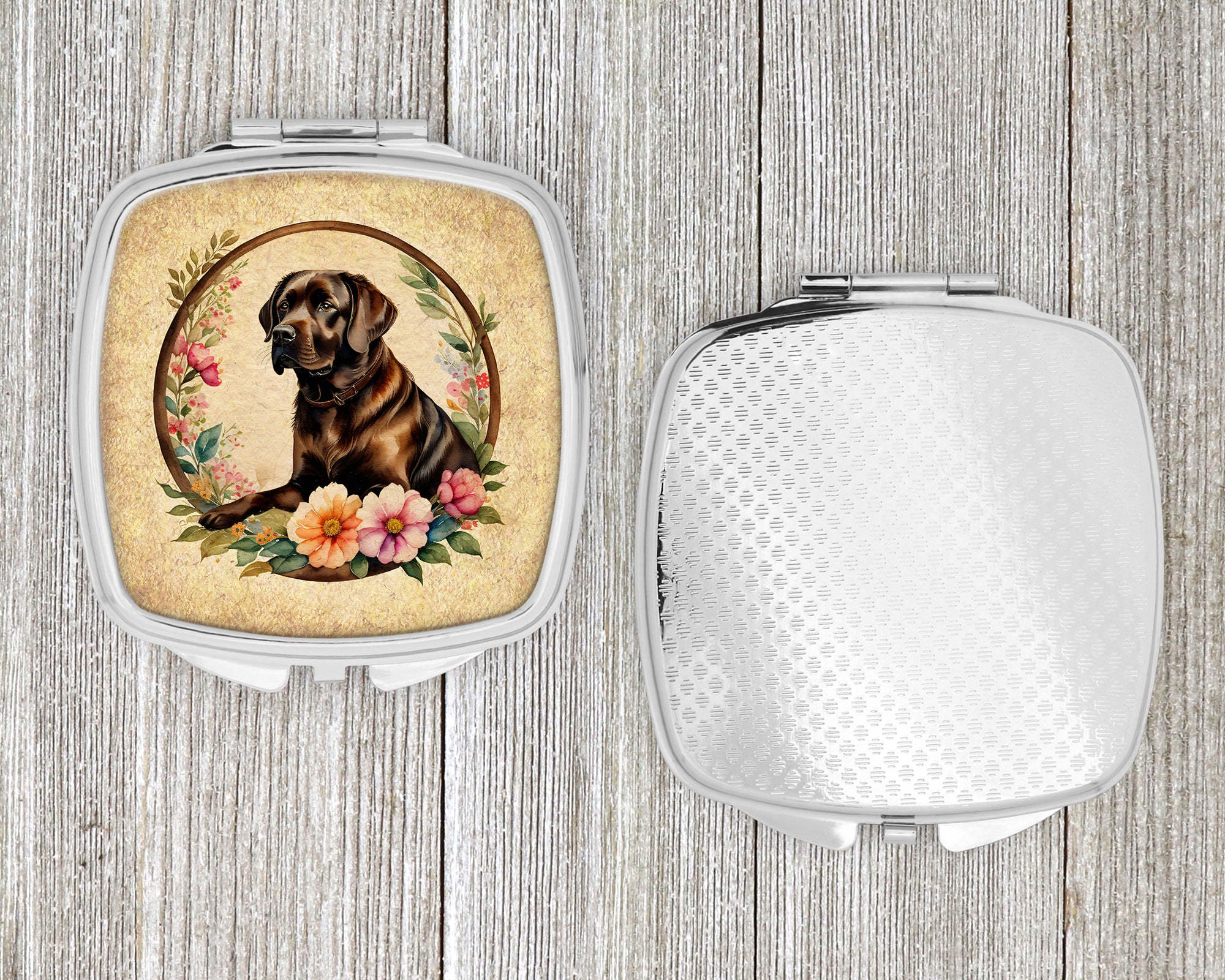 Chocolate Labrador Retriever and Flowers Compact Mirror