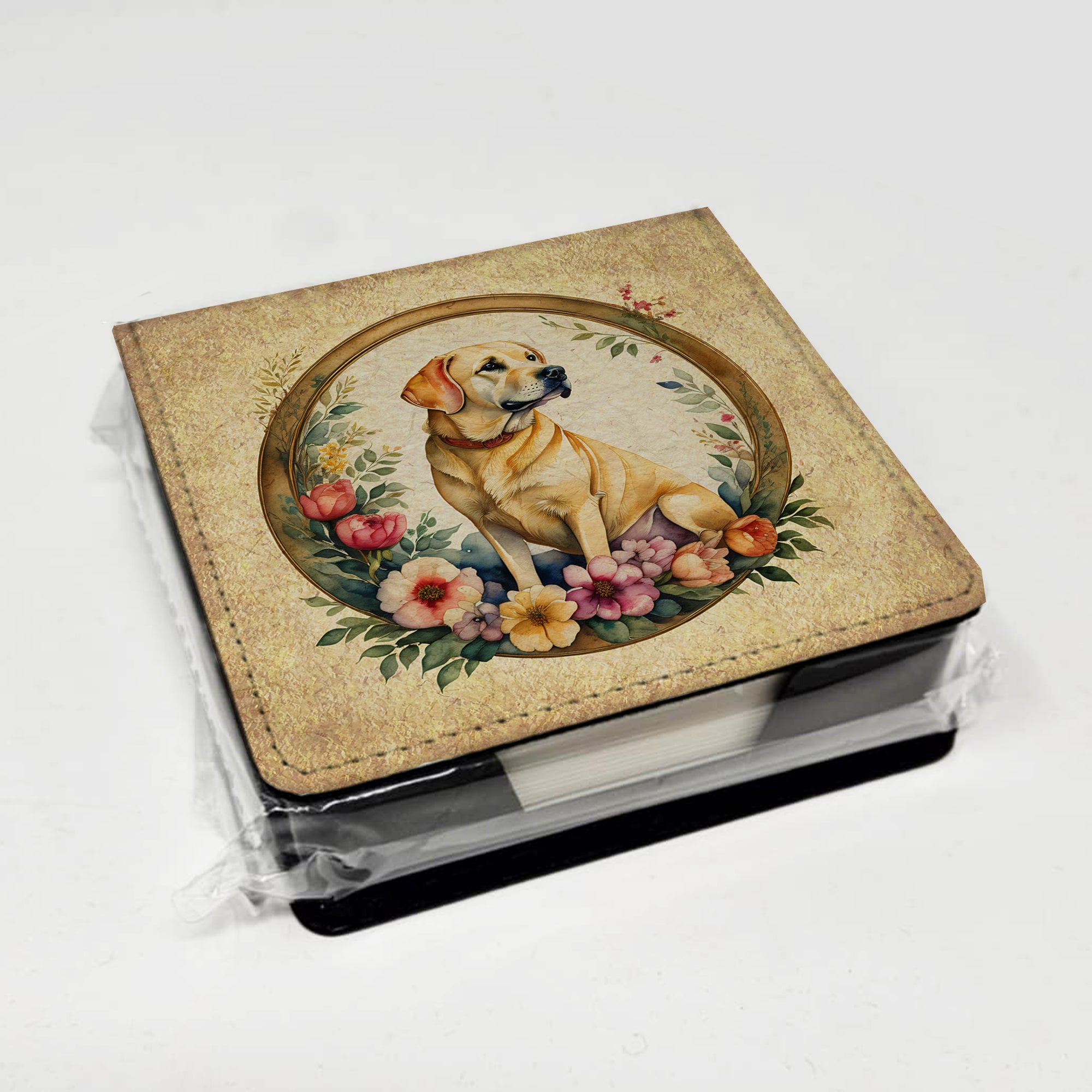 Yellow Labrador Retriever and Flowers PU Leather Note Paper Holder