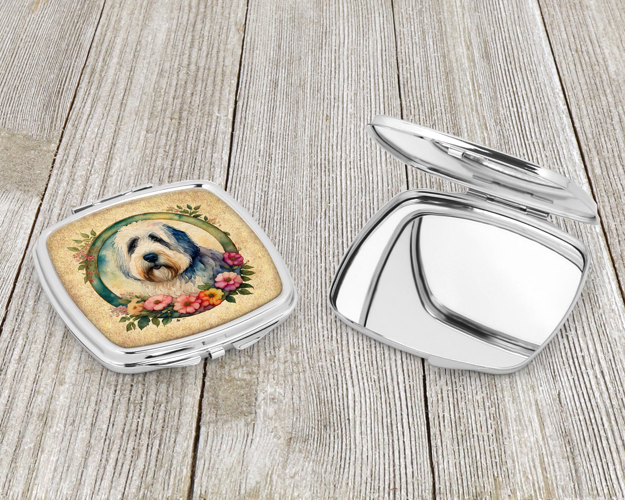 Old English Sheepdog and Flowers Compact Mirror