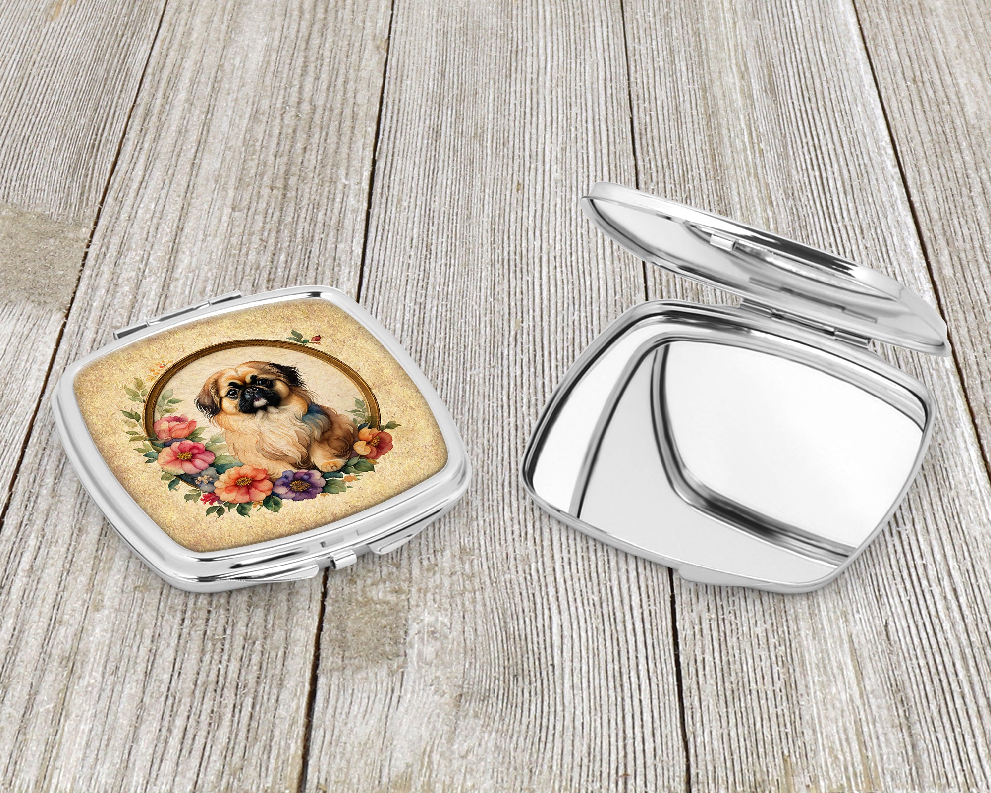 Pekingese and Flowers Compact Mirror