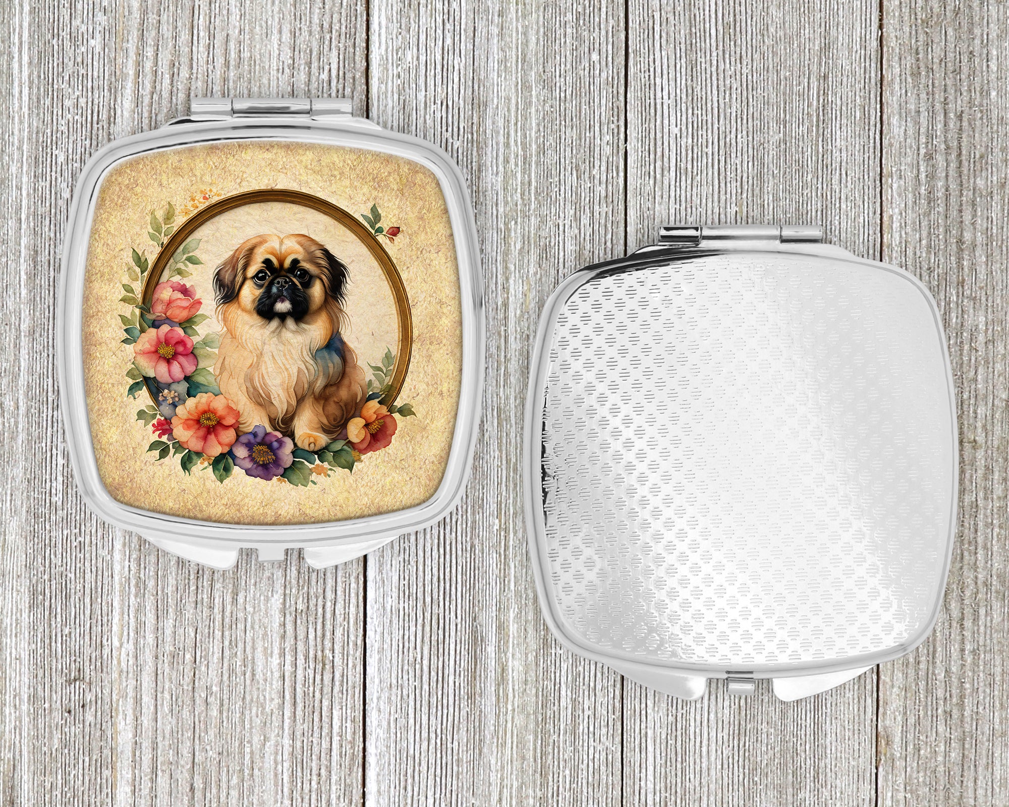 Pekingese and Flowers Compact Mirror