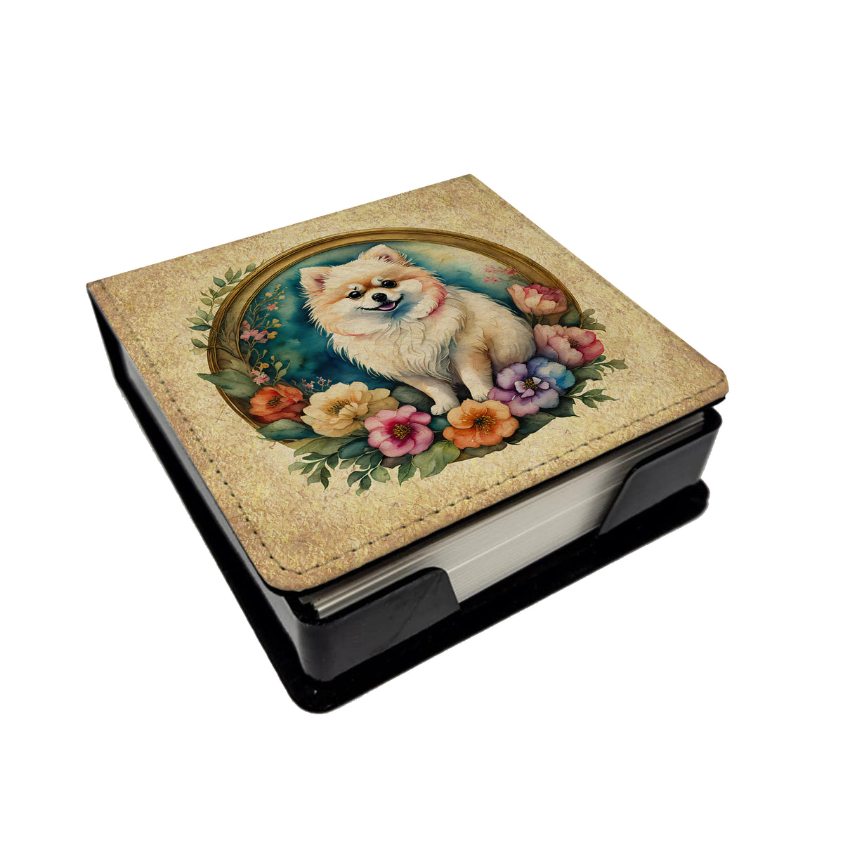 Buy this Pomeranian and Flowers PU Leather Note Paper Holder