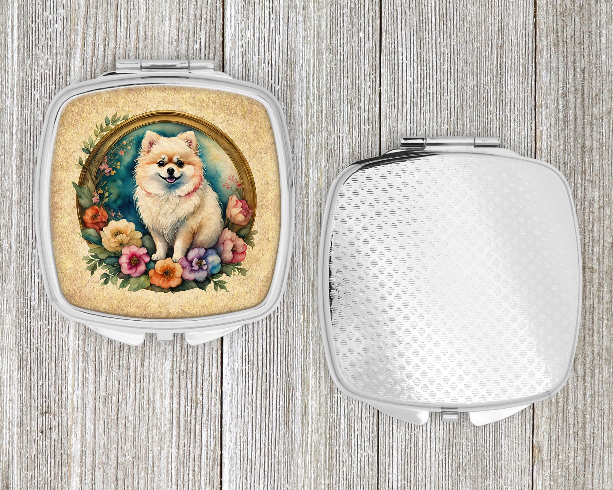 Pomeranian and Flowers Compact Mirror