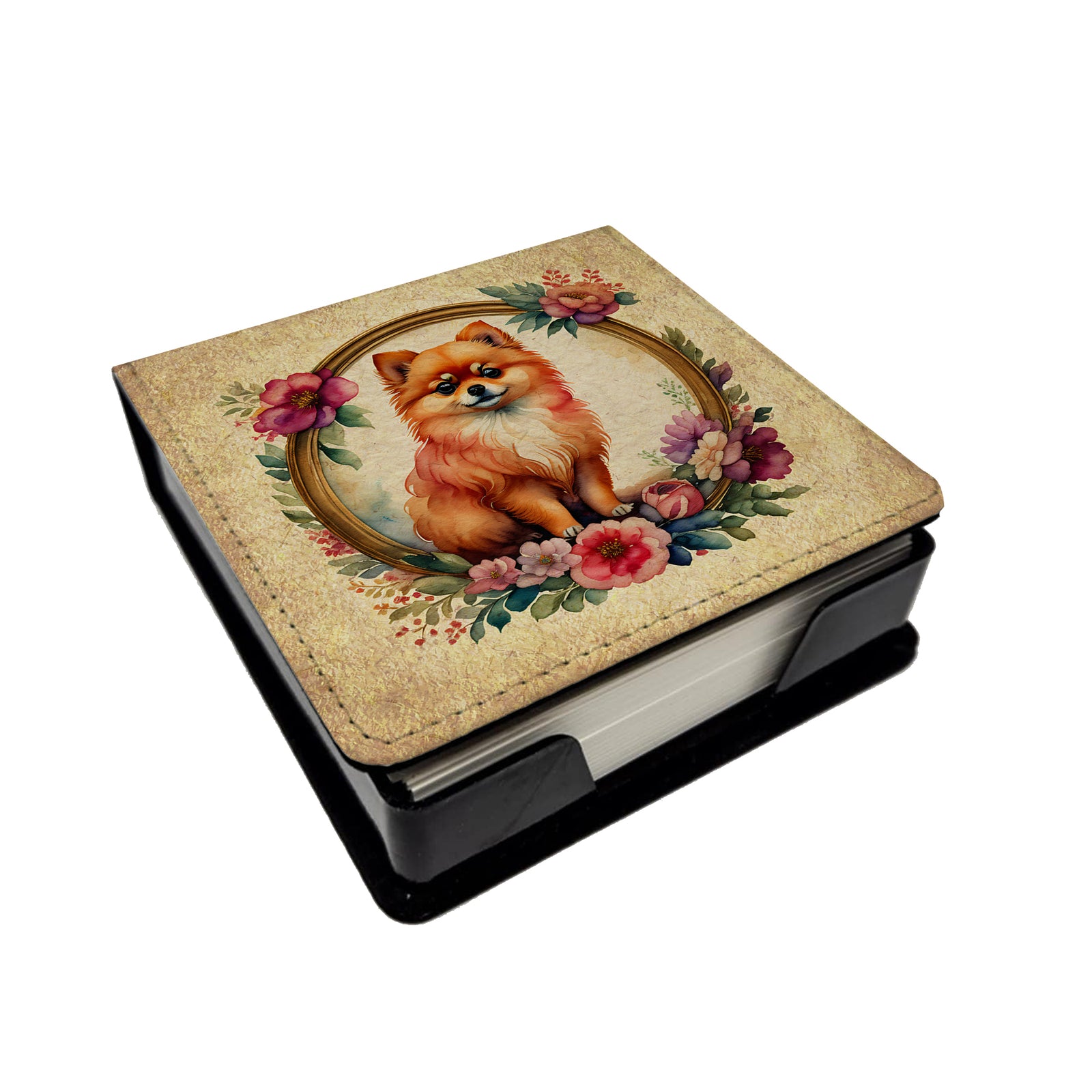 Buy this Pomeranian and Flowers PU Leather Note Paper Holder