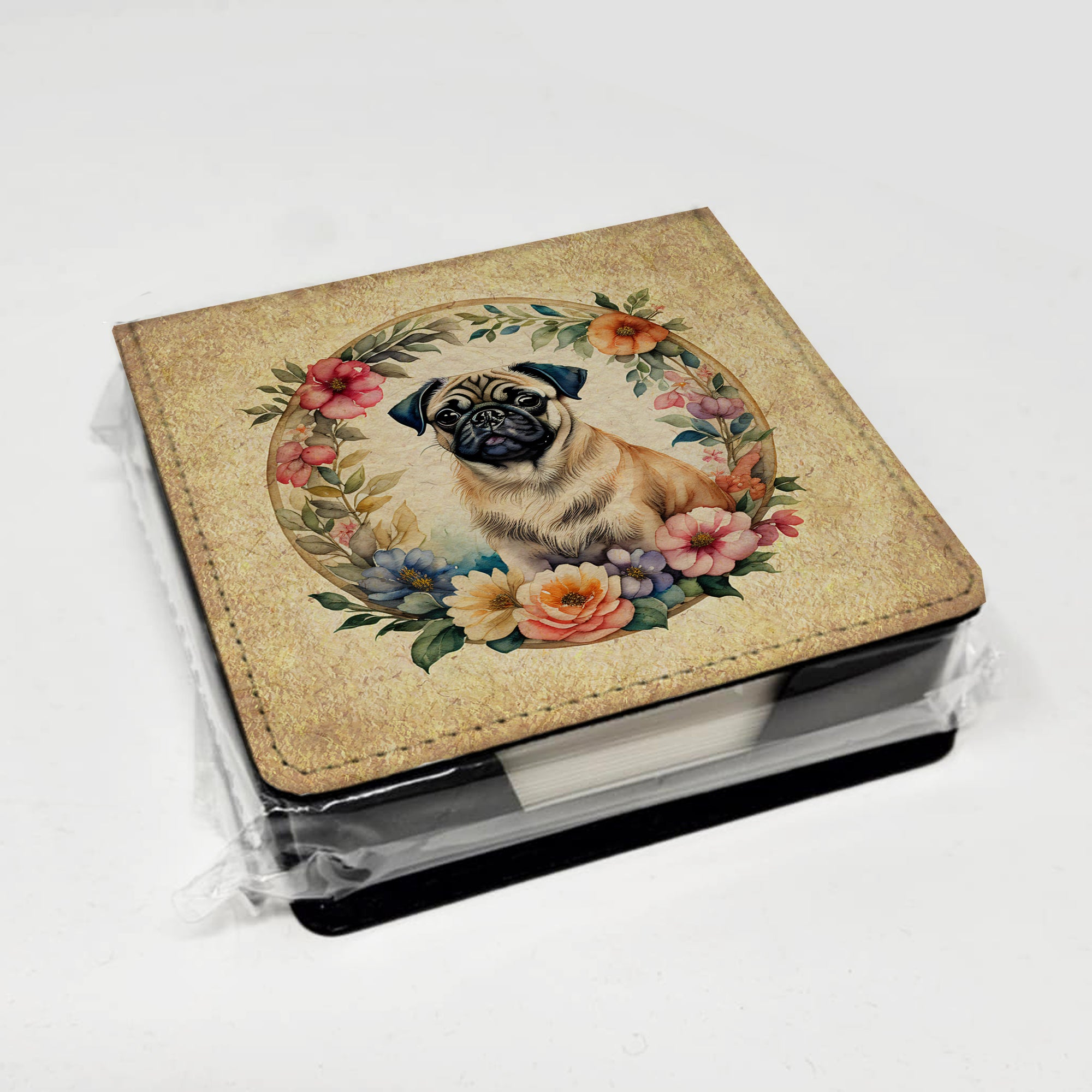 Fawn Pug and Flowers PU Leather Note Paper Holder