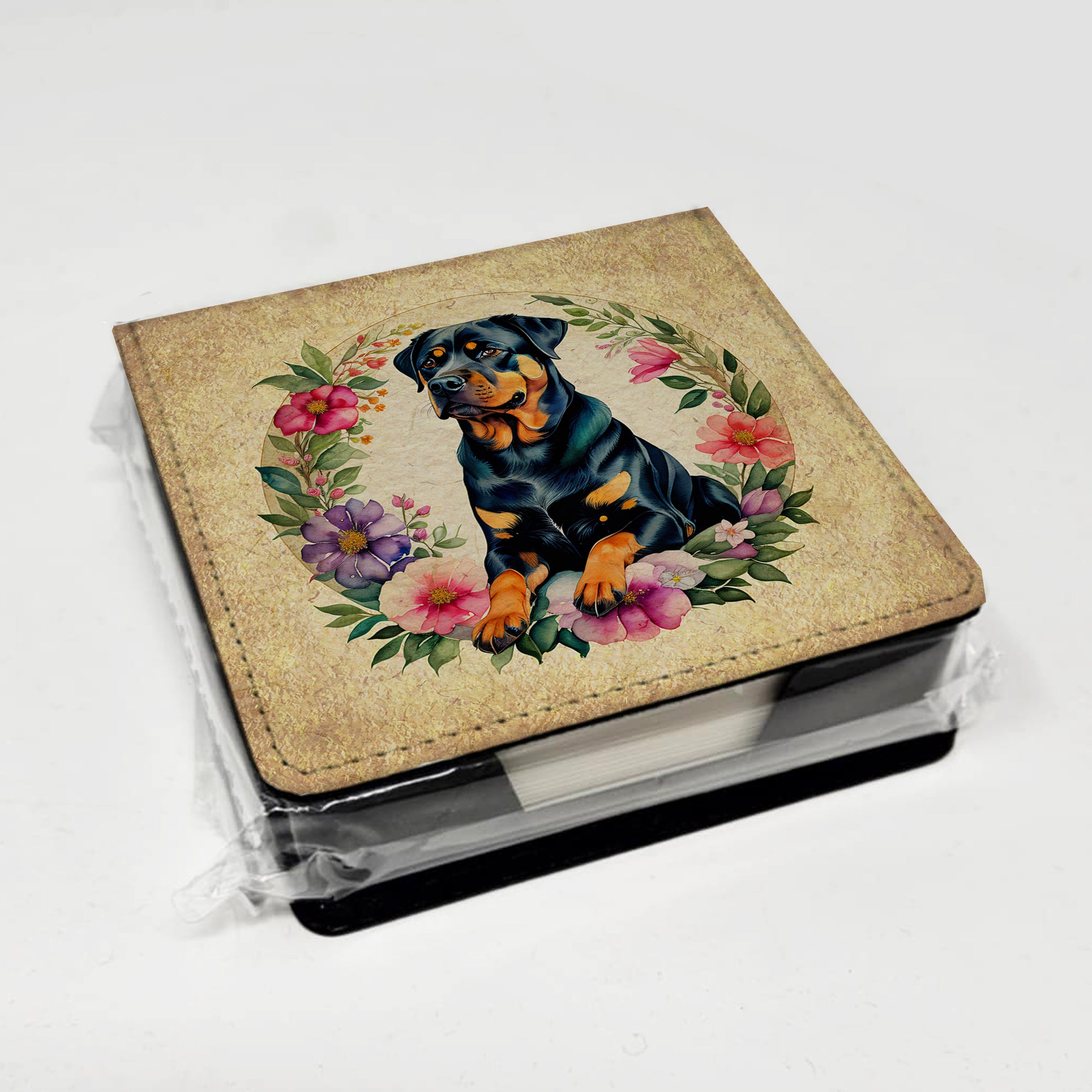 Rottweiler and Flowers PU Leather Note Paper Holder