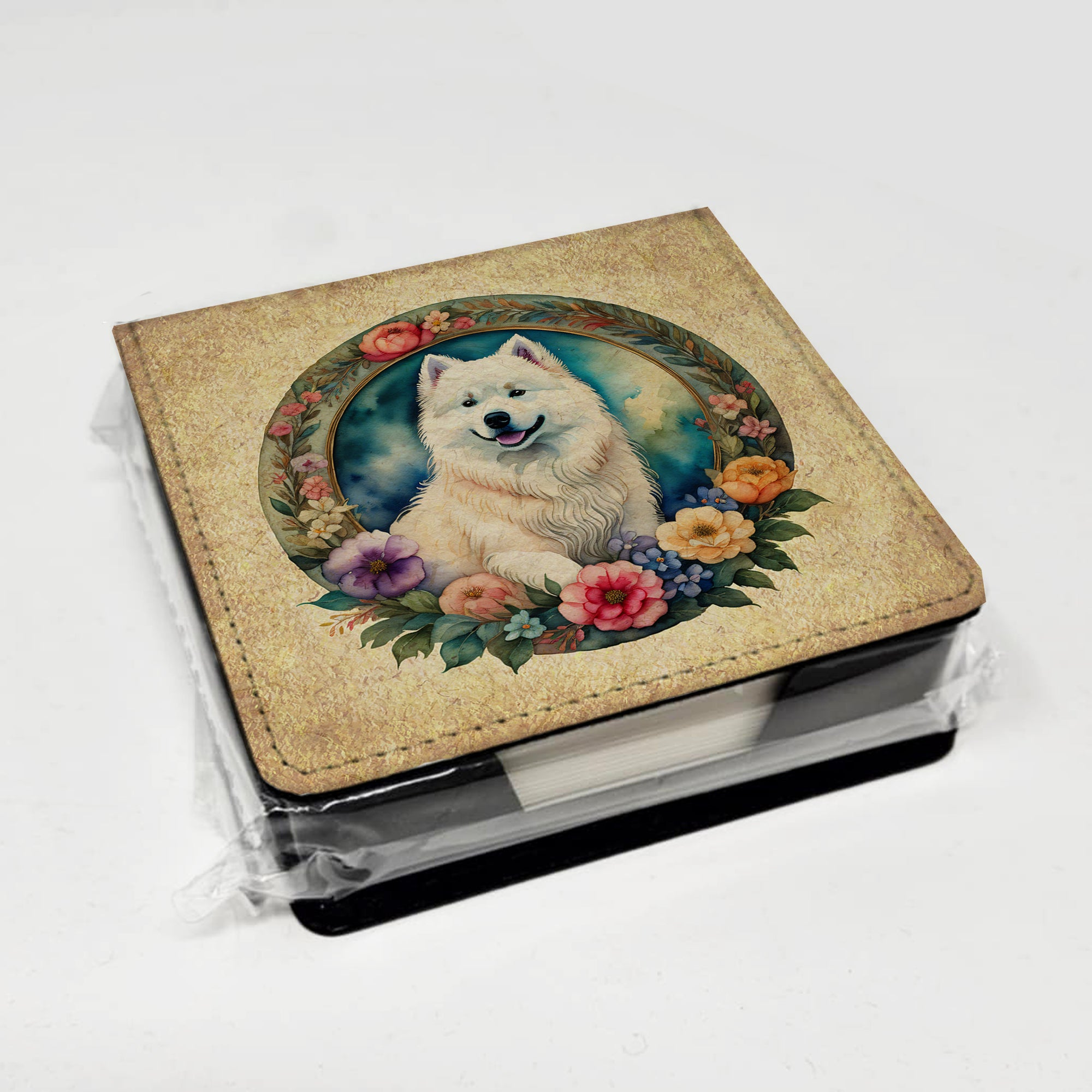 Samoyed and Flowers PU Leather Note Paper Holder