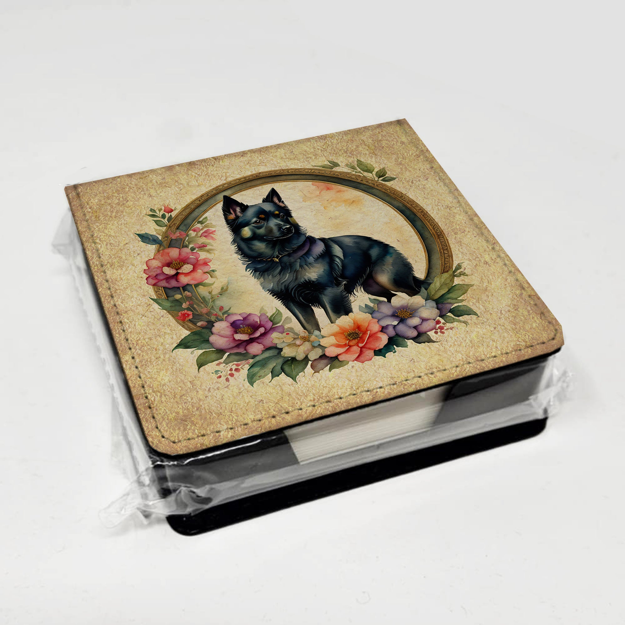 Schipperke and Flowers PU Leather Note Paper Holder