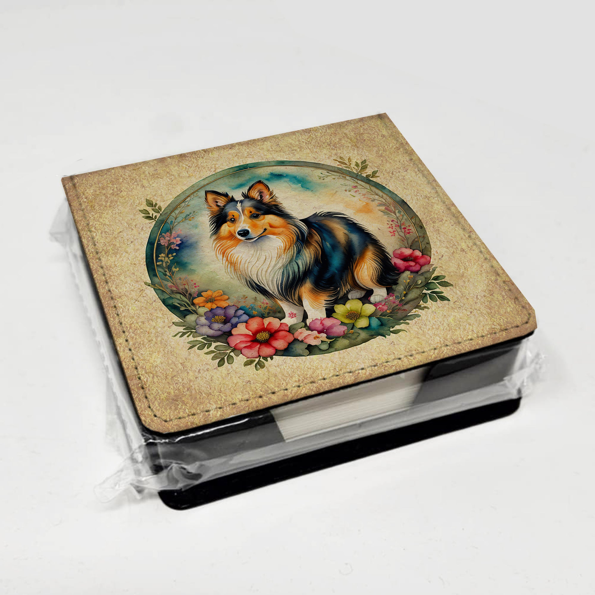 Sheltie and Flowers PU Leather Note Paper Holder