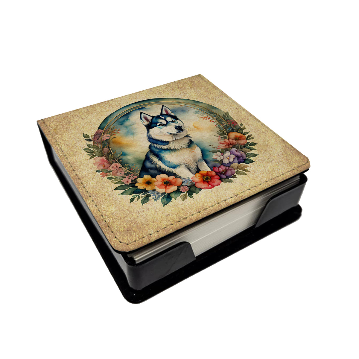 Buy this Siberian Husky and Flowers PU Leather Note Paper Holder