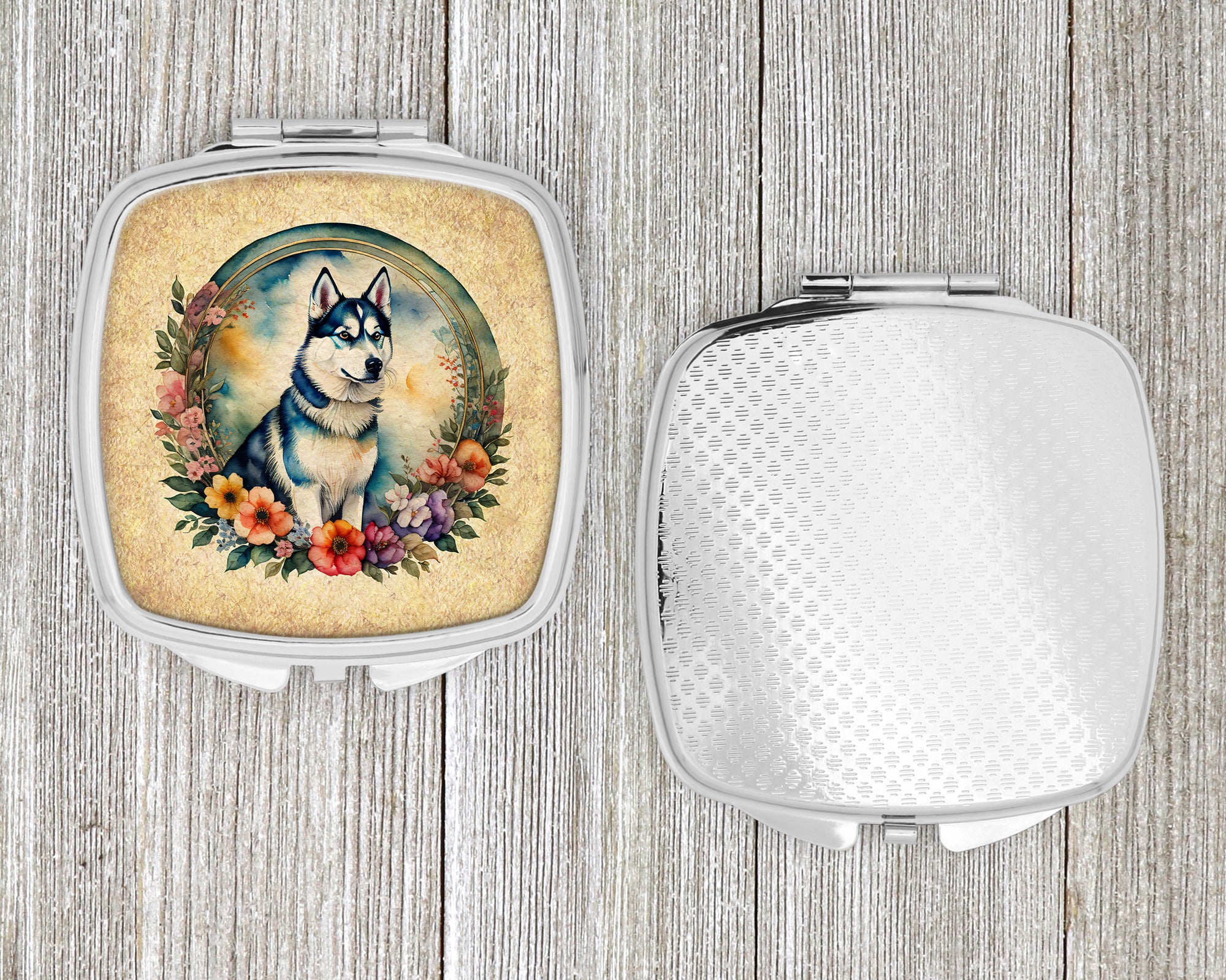 Siberian Husky and Flowers Compact Mirror