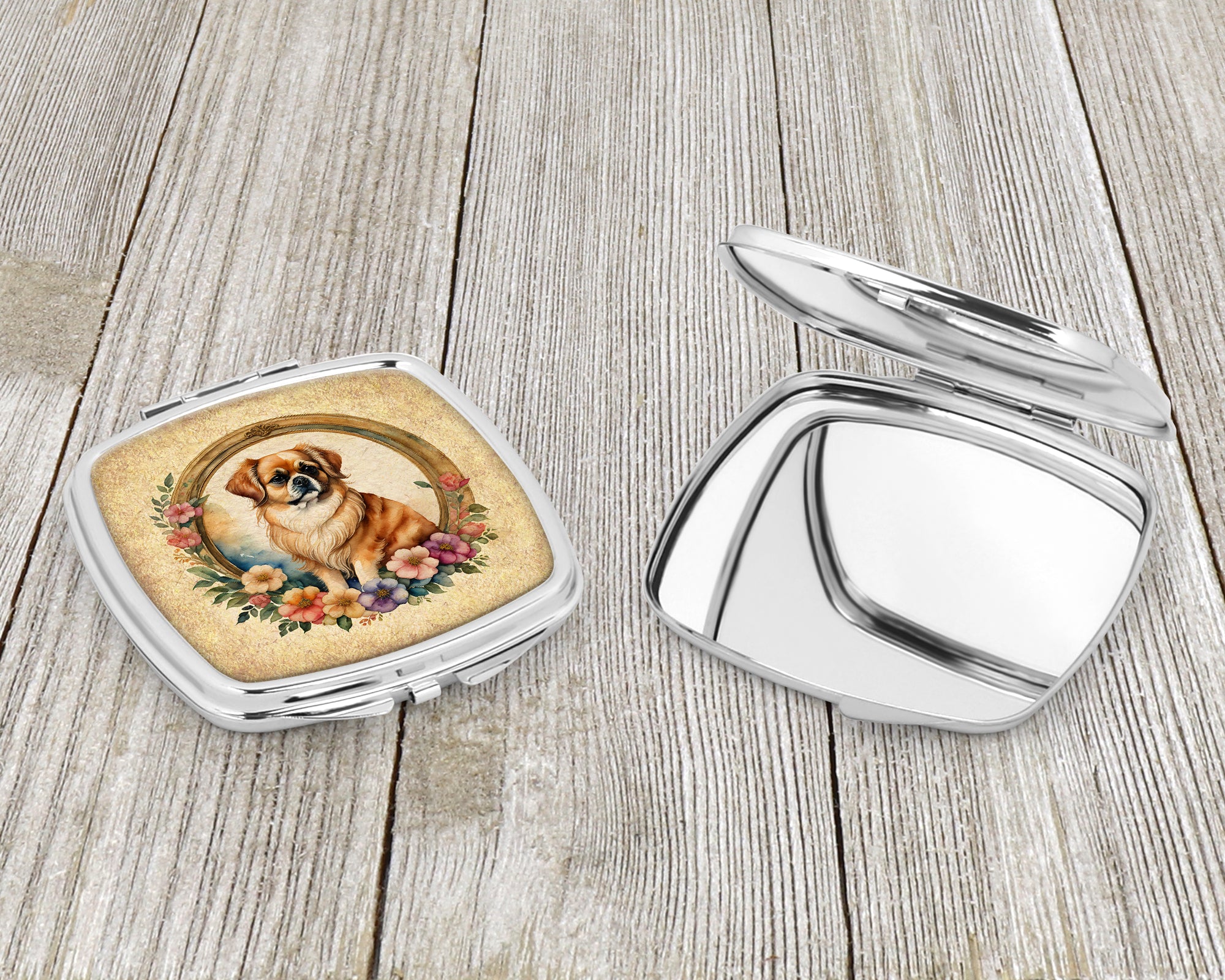 Tibetan Spaniel and Flowers Compact Mirror