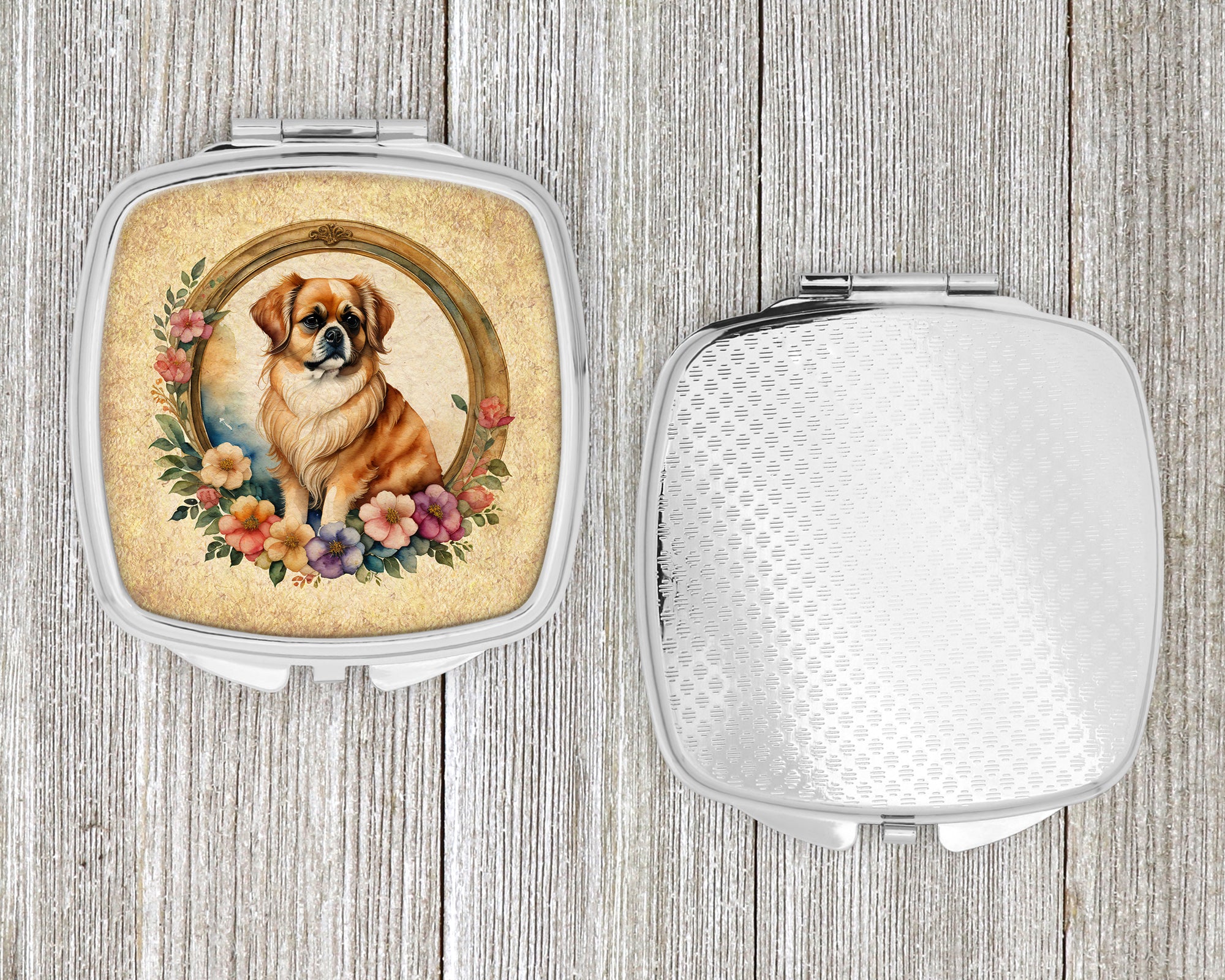 Tibetan Spaniel and Flowers Compact Mirror