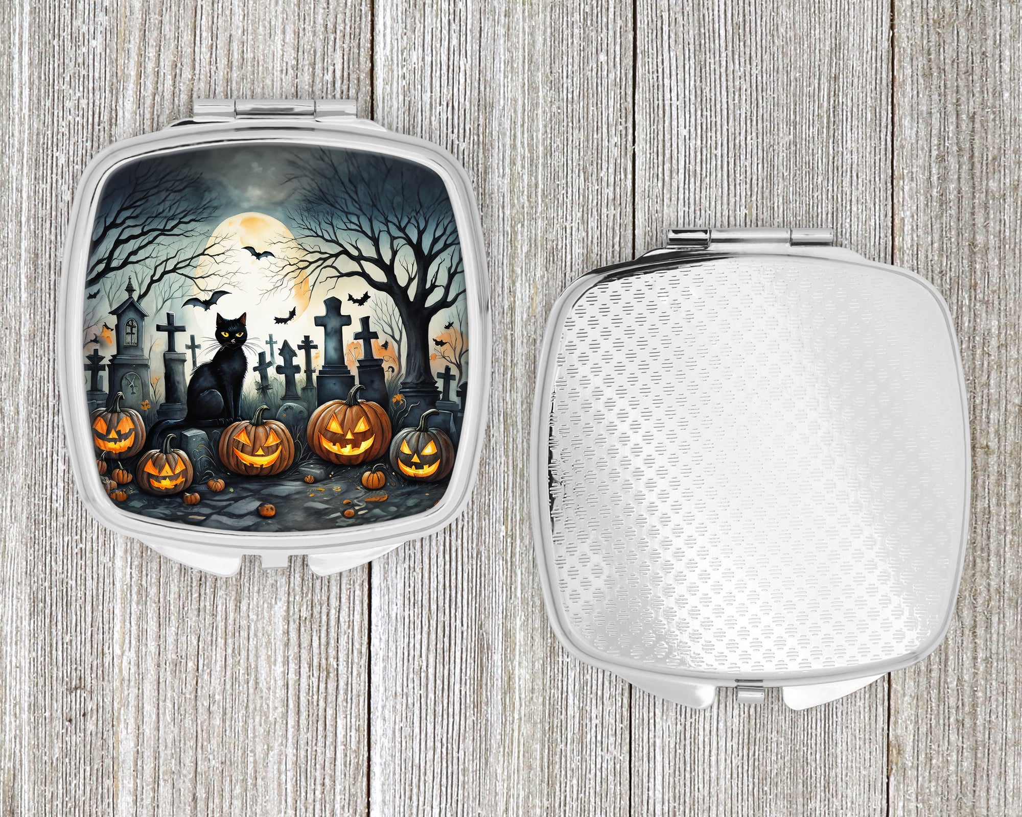 Black Cat Spooky Halloween Compact Mirror