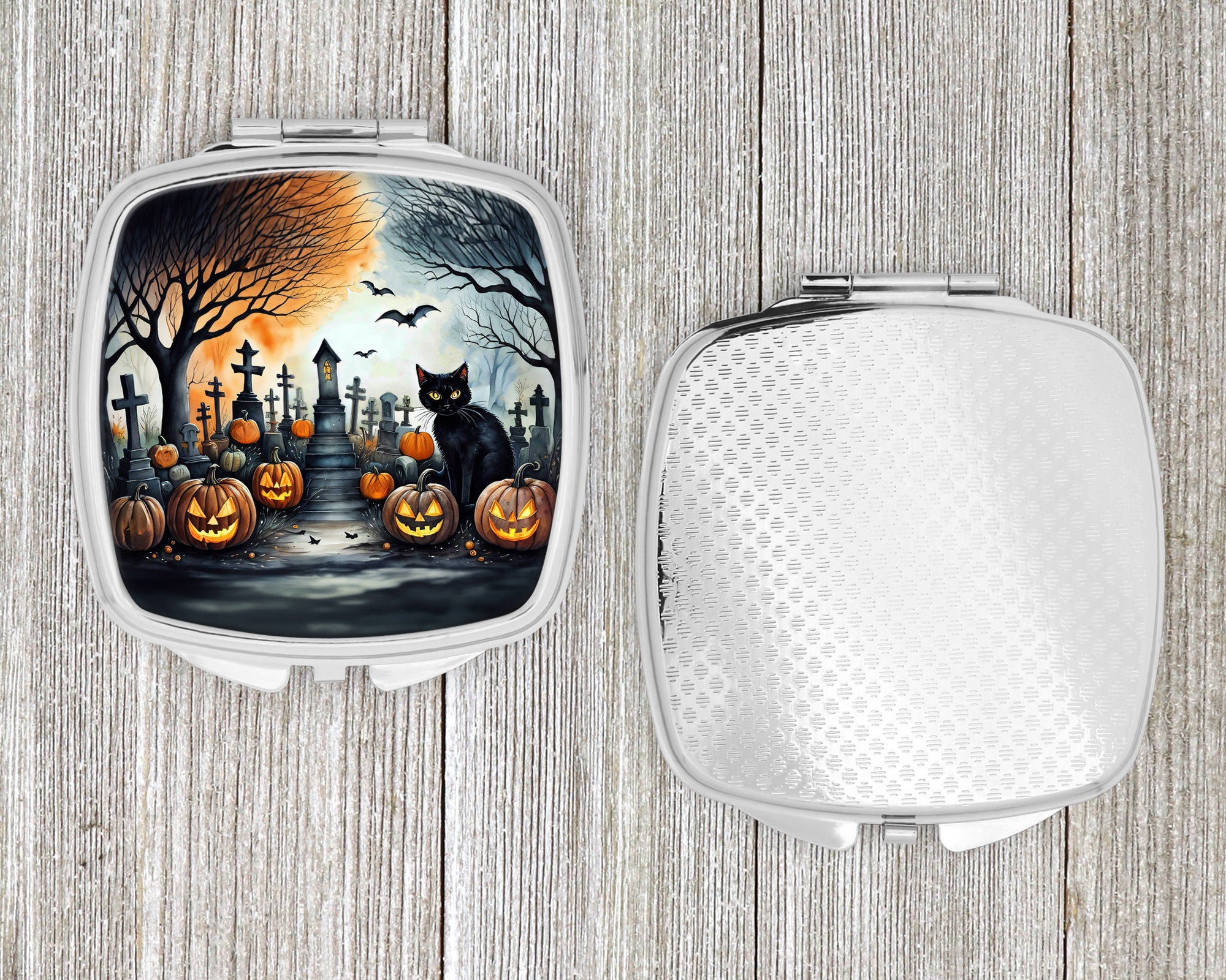 Black Cat Spooky Halloween Compact Mirror