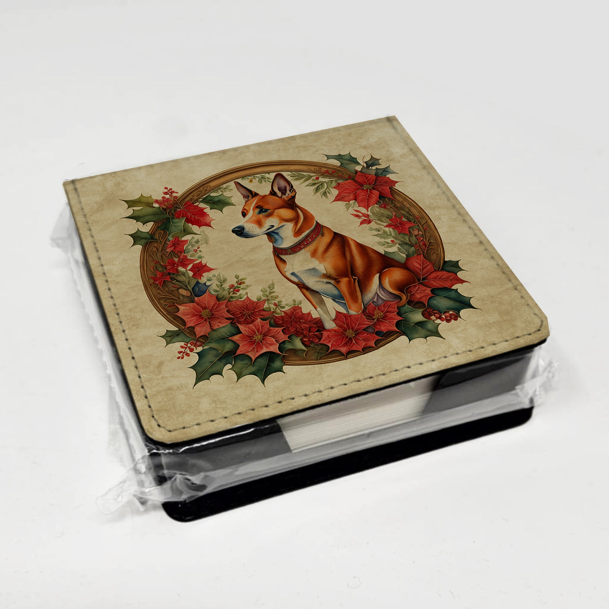 Basenji Christmas Flowers PU Leather Note Paper Holder