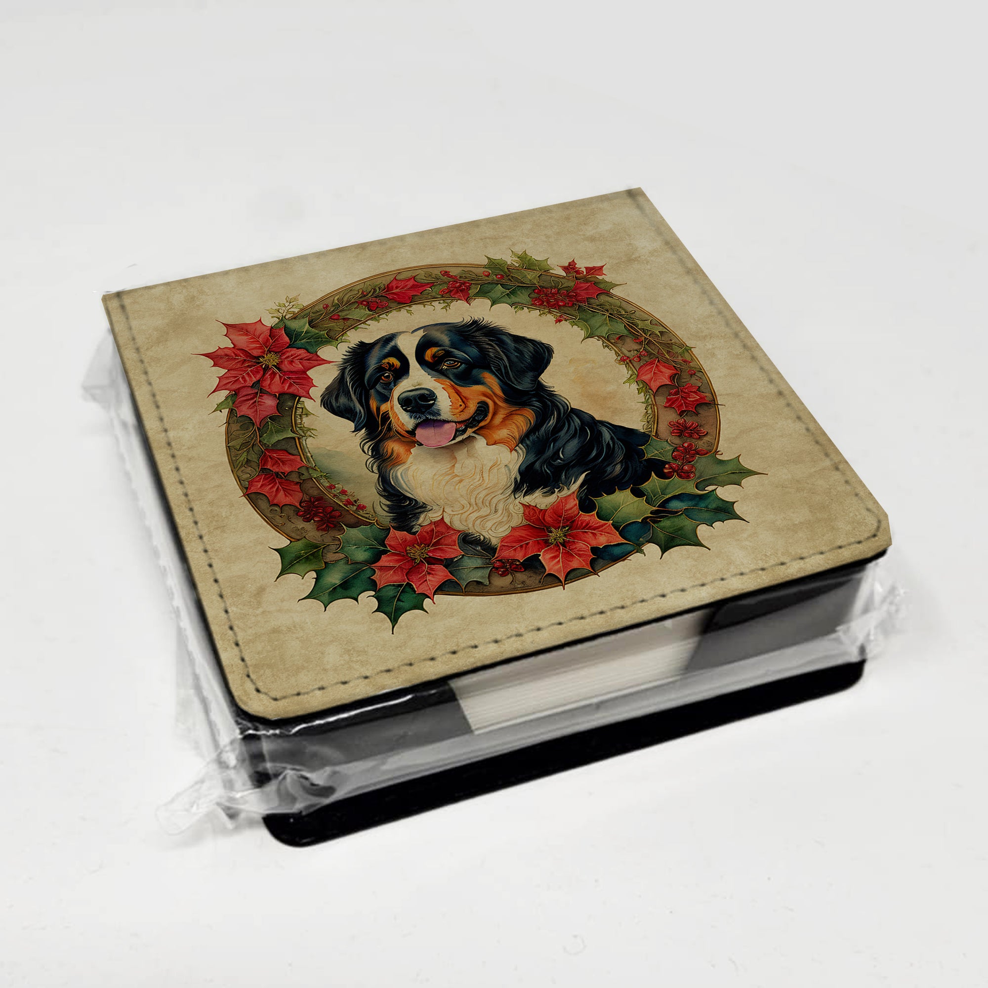 Bernese Mountain Dog Christmas Flowers PU Leather Note Paper Holder