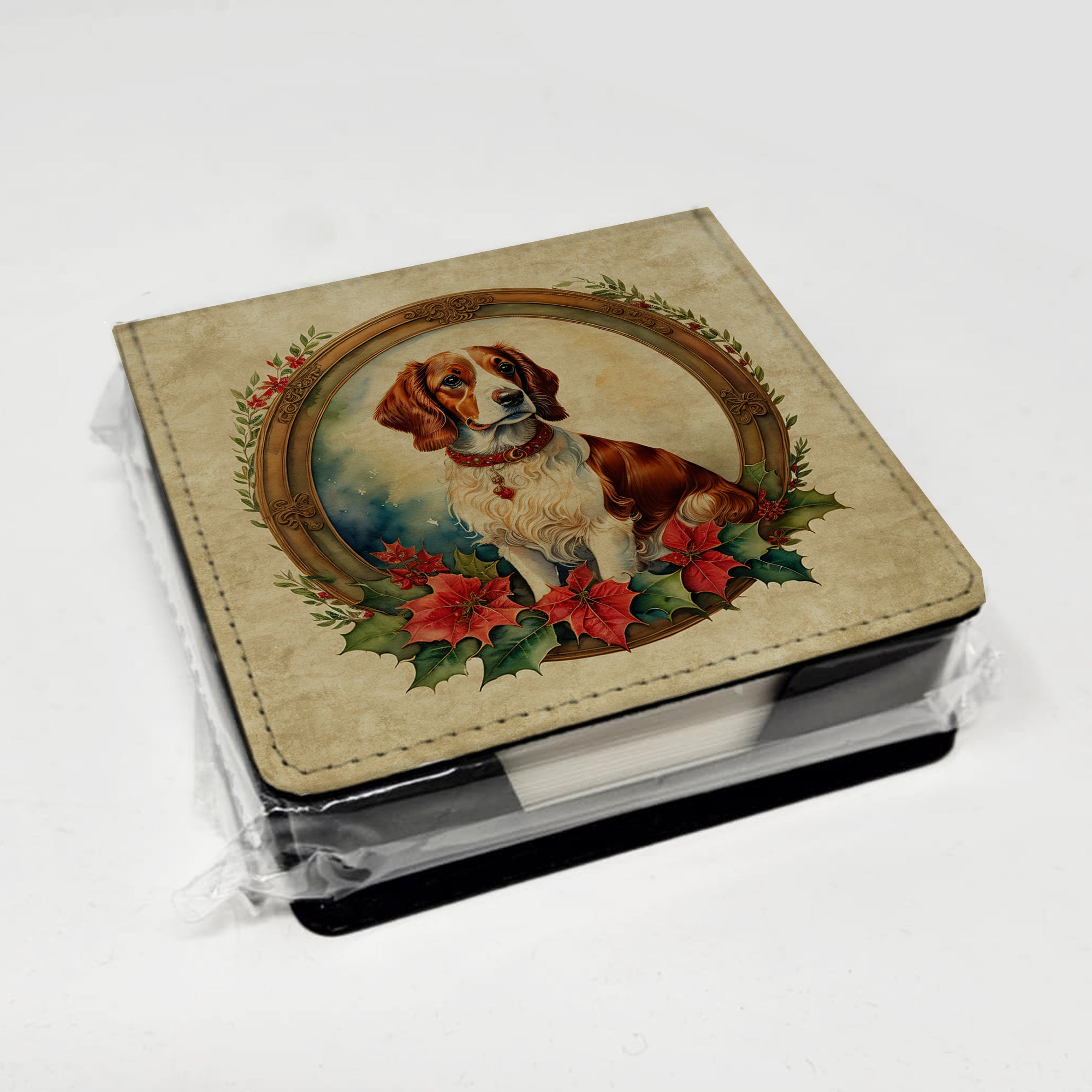 Brittany Spaniel Christmas Flowers PU Leather Note Paper Holder