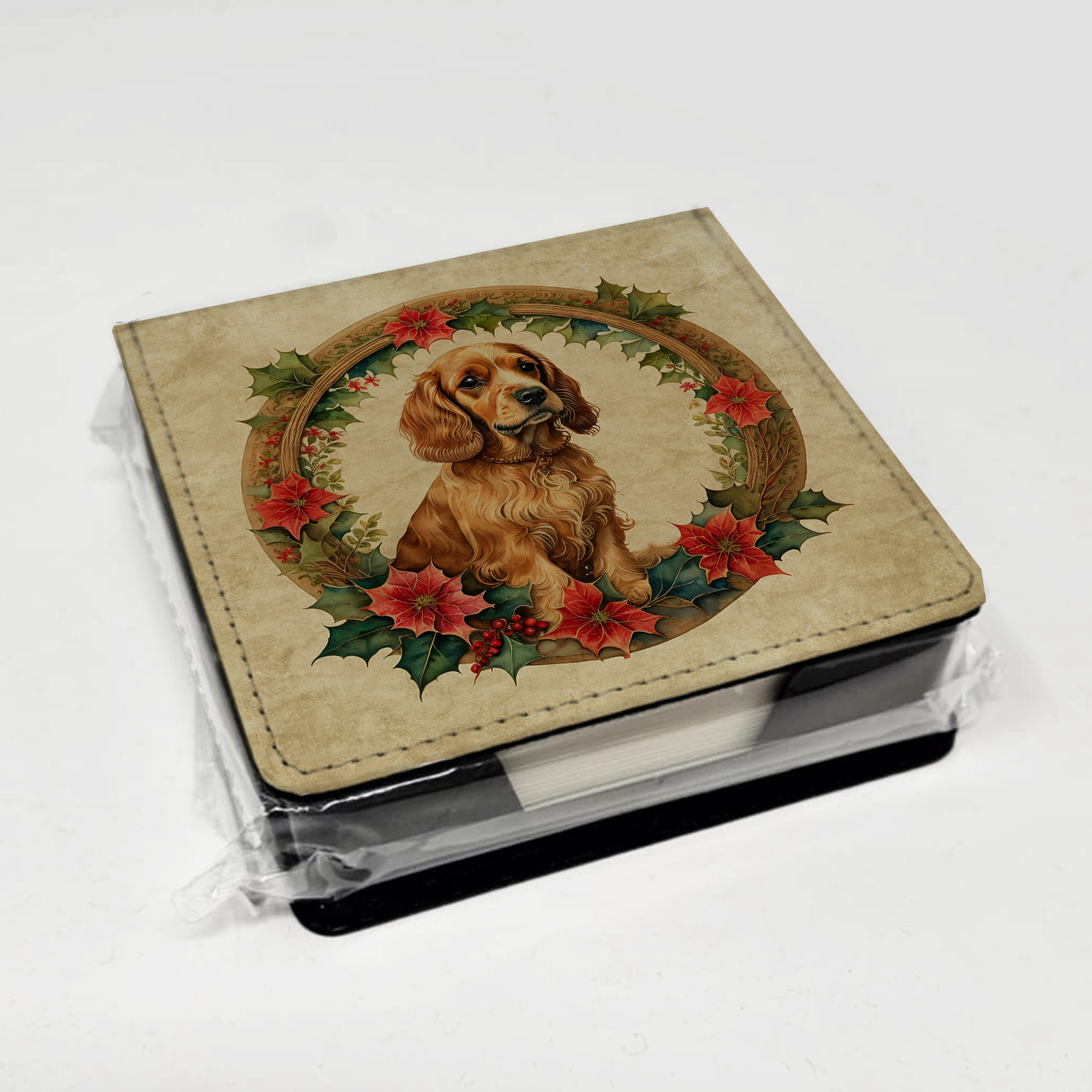 Cocker Spaniel Christmas Flowers PU Leather Note Paper Holder