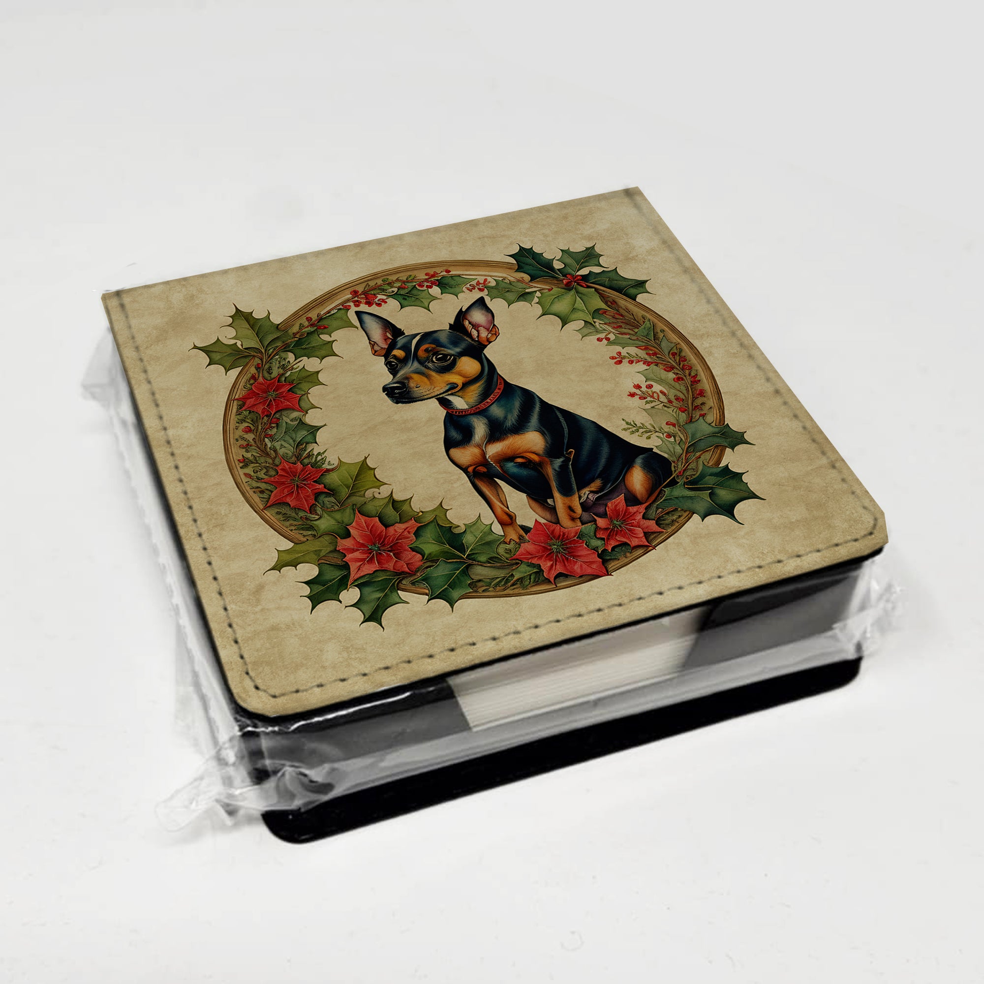 Miniature Pinscher Christmas Flowers PU Leather Note Paper Holder