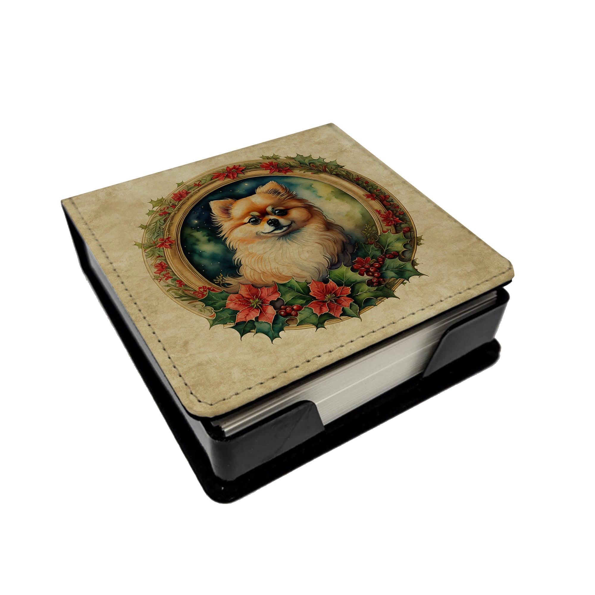 Buy this Pomeranian Christmas Flowers PU Leather Note Paper Holder