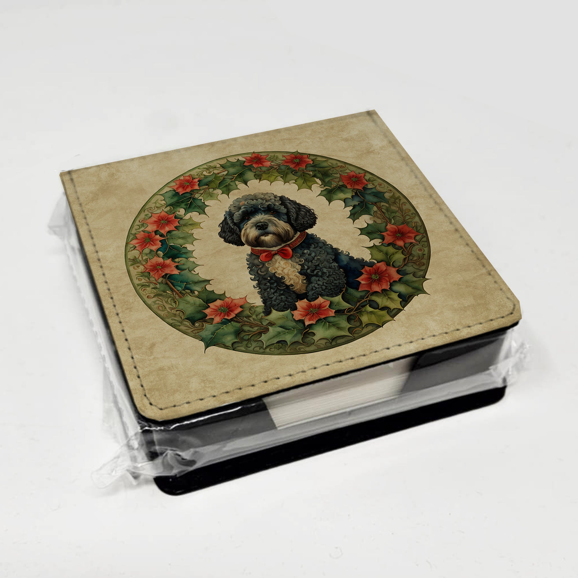 Portuguese Water Dog Christmas Flowers PU Leather Note Paper Holder