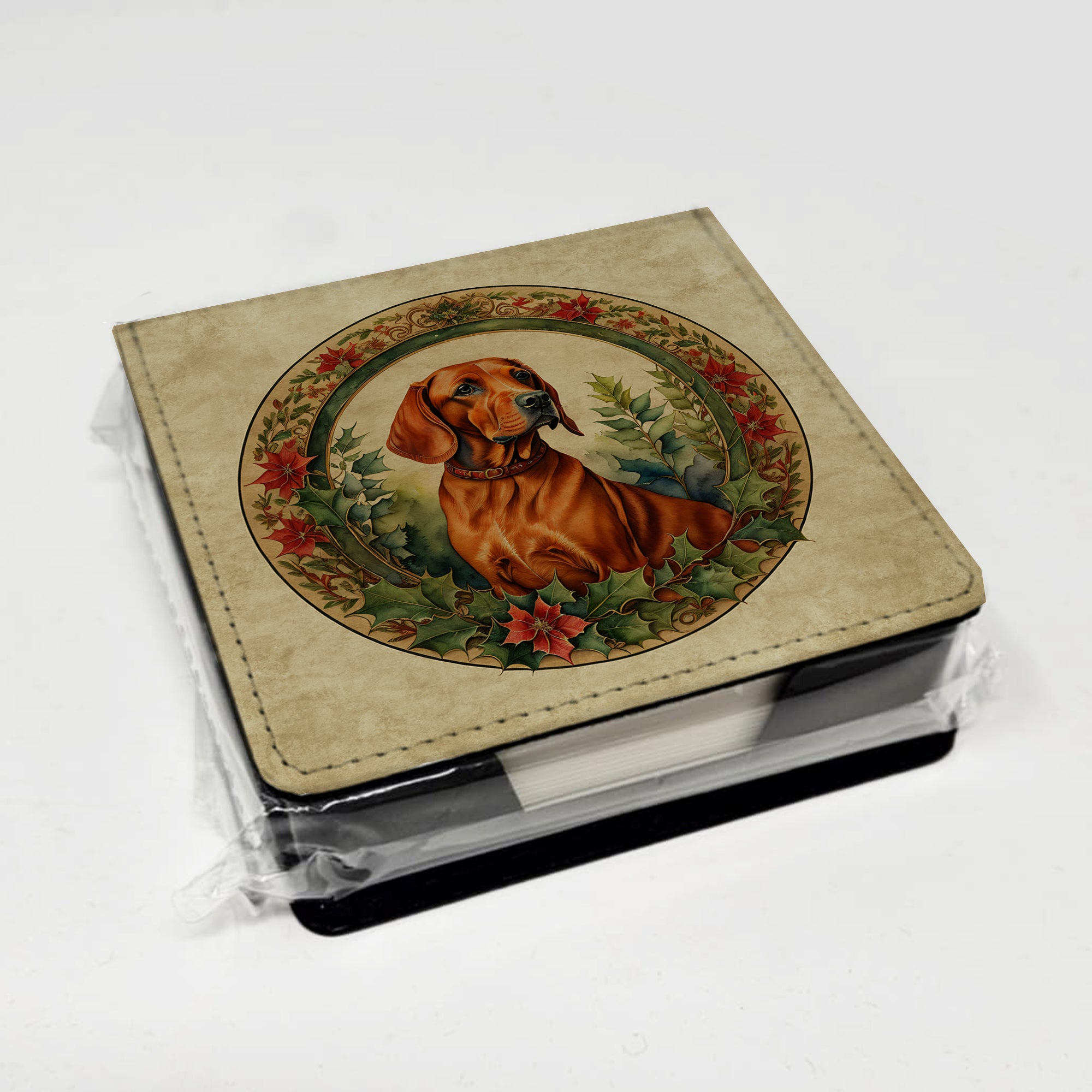 Red Redbone Coonhound Christmas Flowers PU Leather Note Paper Holder