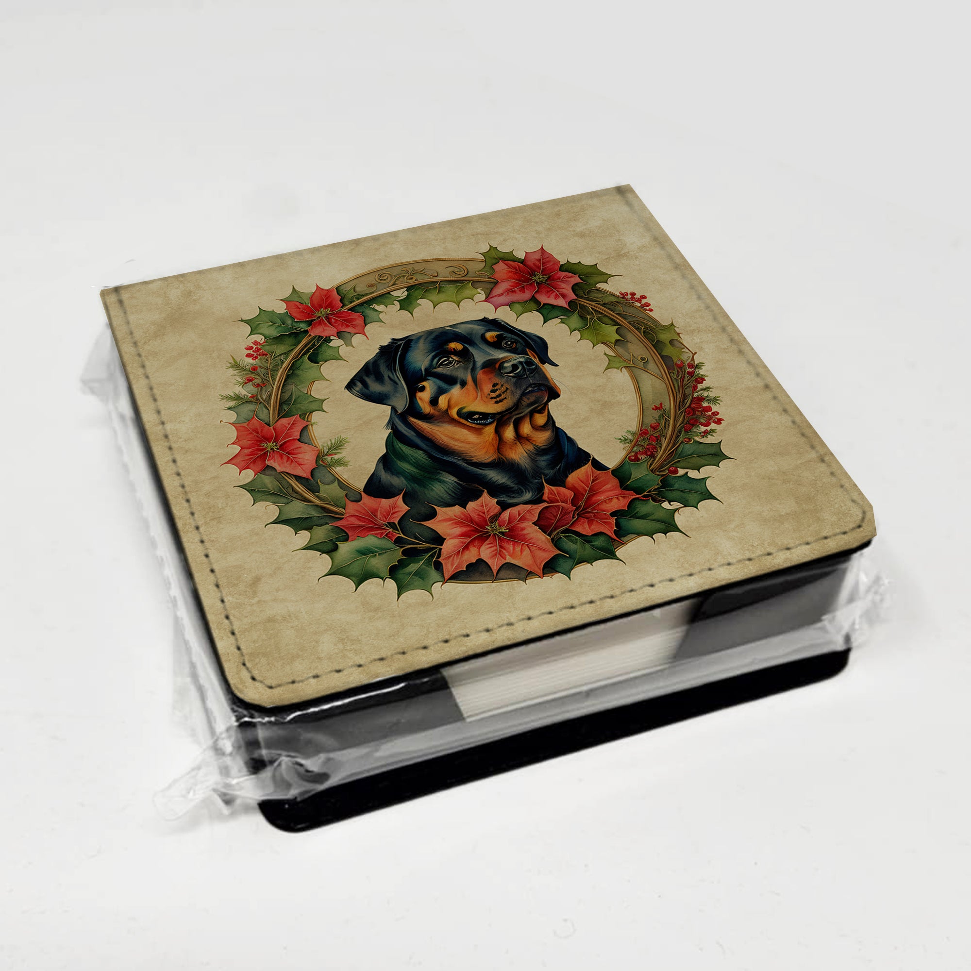 Rottweiler Christmas Flowers PU Leather Note Paper Holder