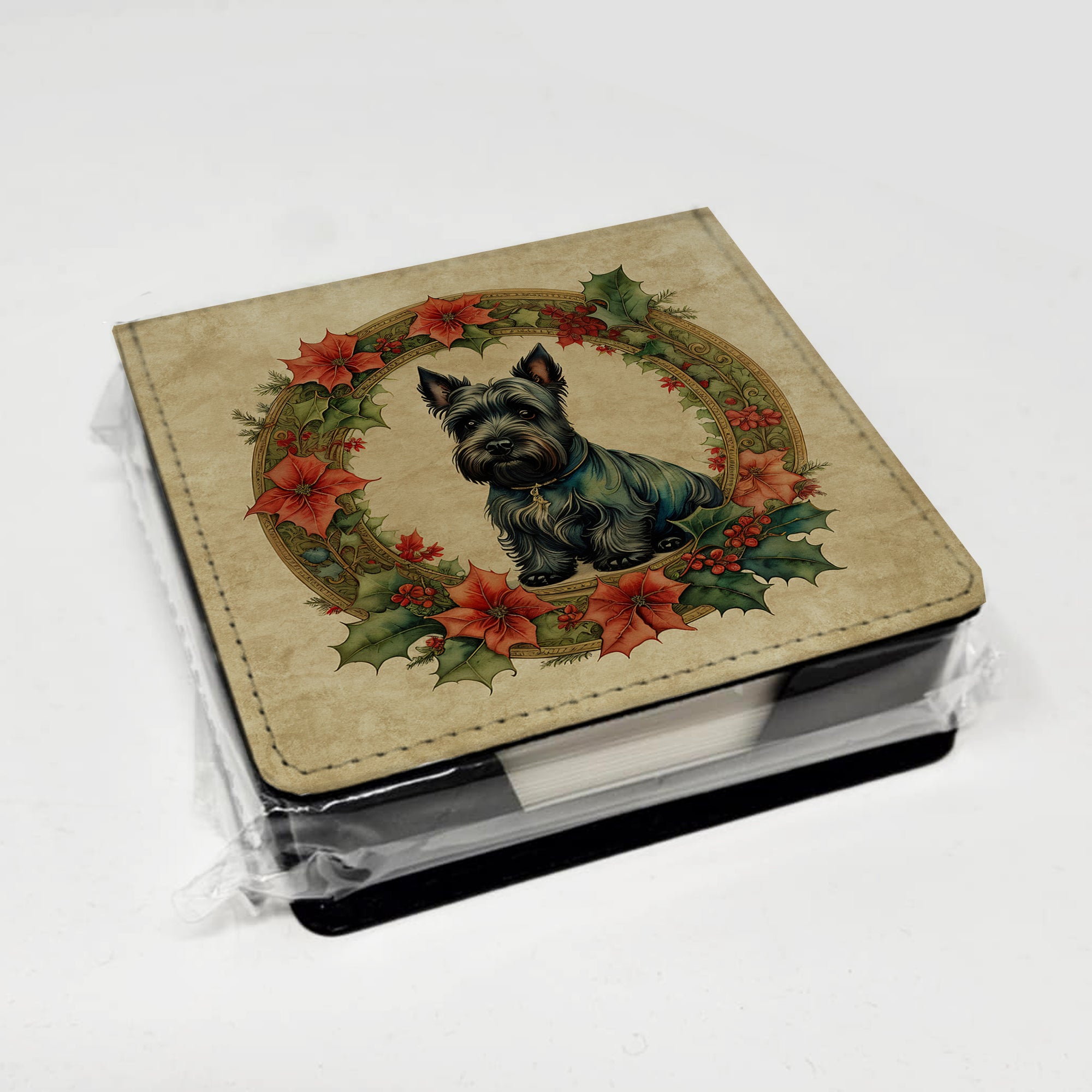 Scottish Terrier Christmas Flowers PU Leather Note Paper Holder