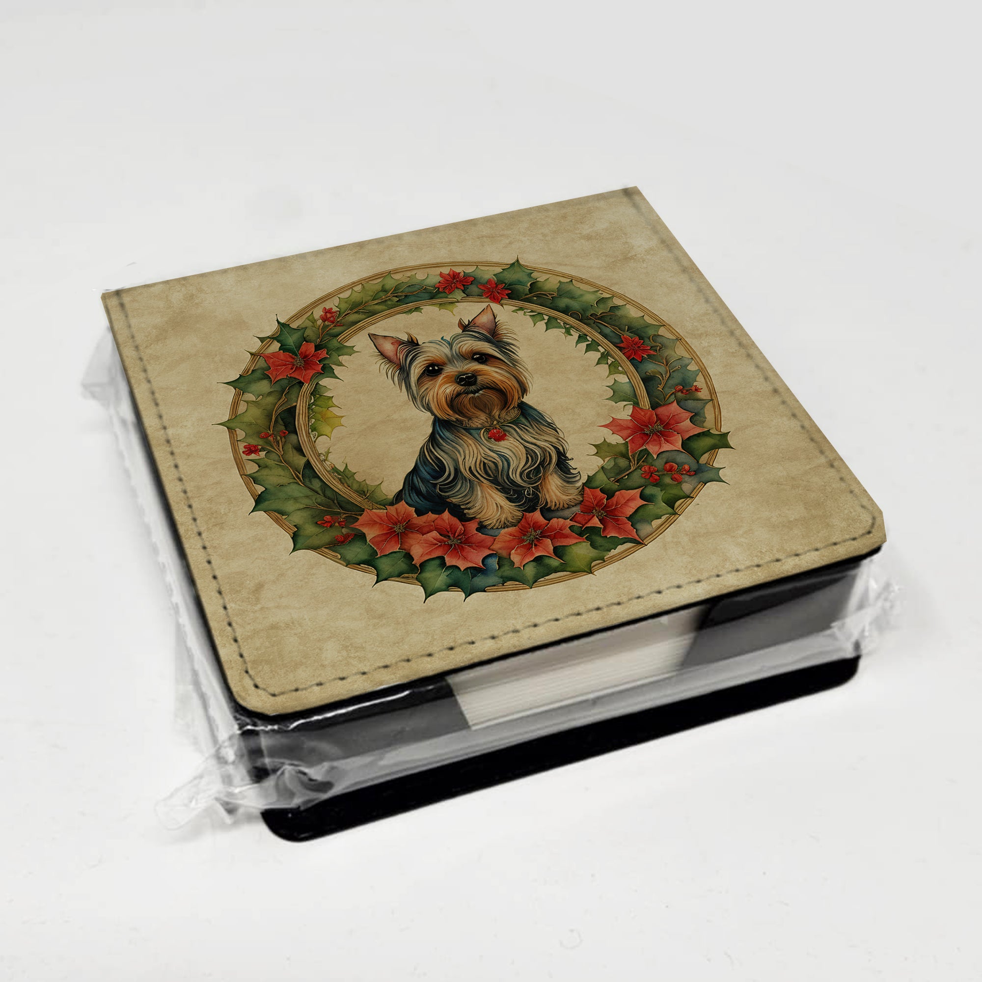 Silky Terrier Christmas Flowers PU Leather Note Paper Holder