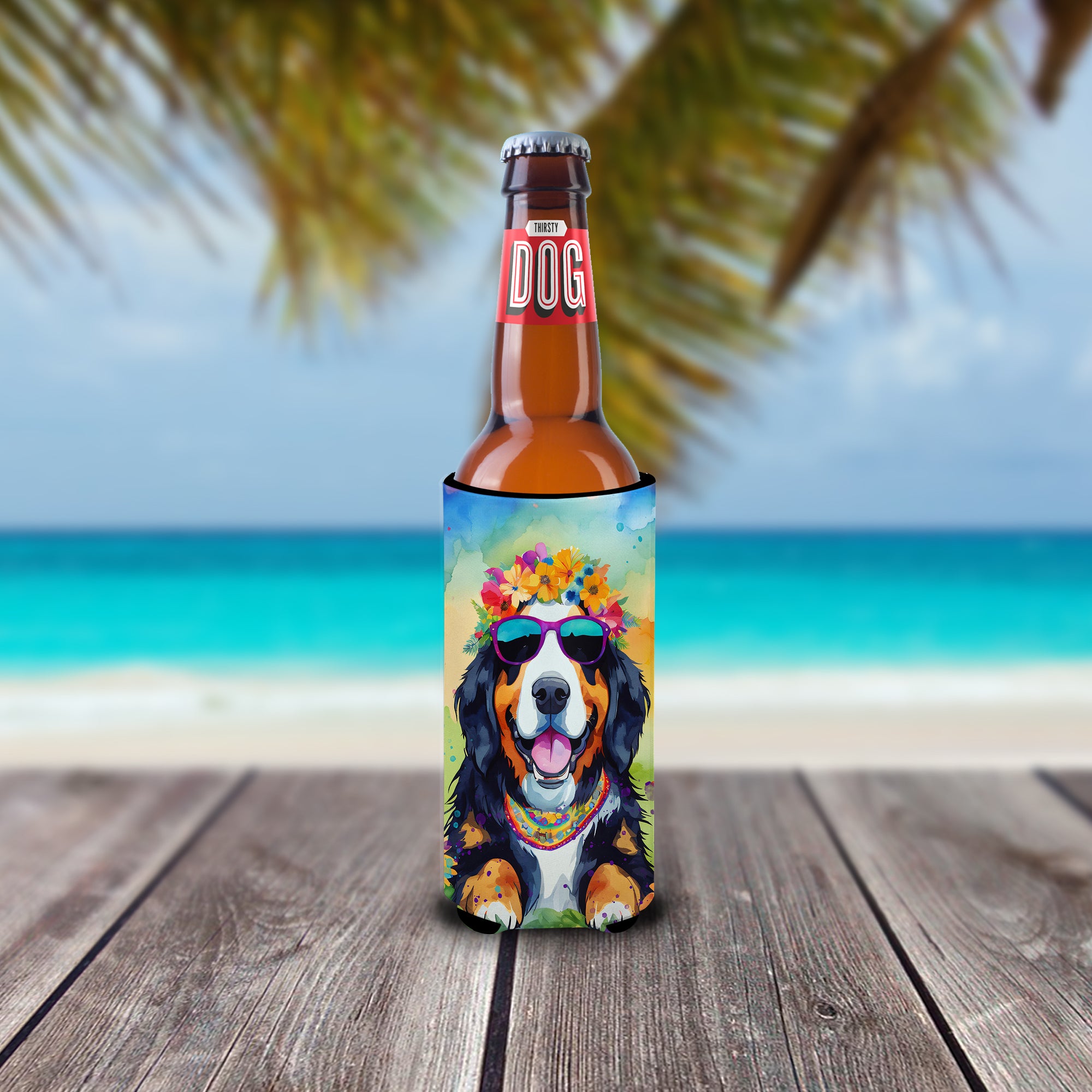 Bernese Mountain Dog Hippie Dawg Hugger for Ultra Slim Cans