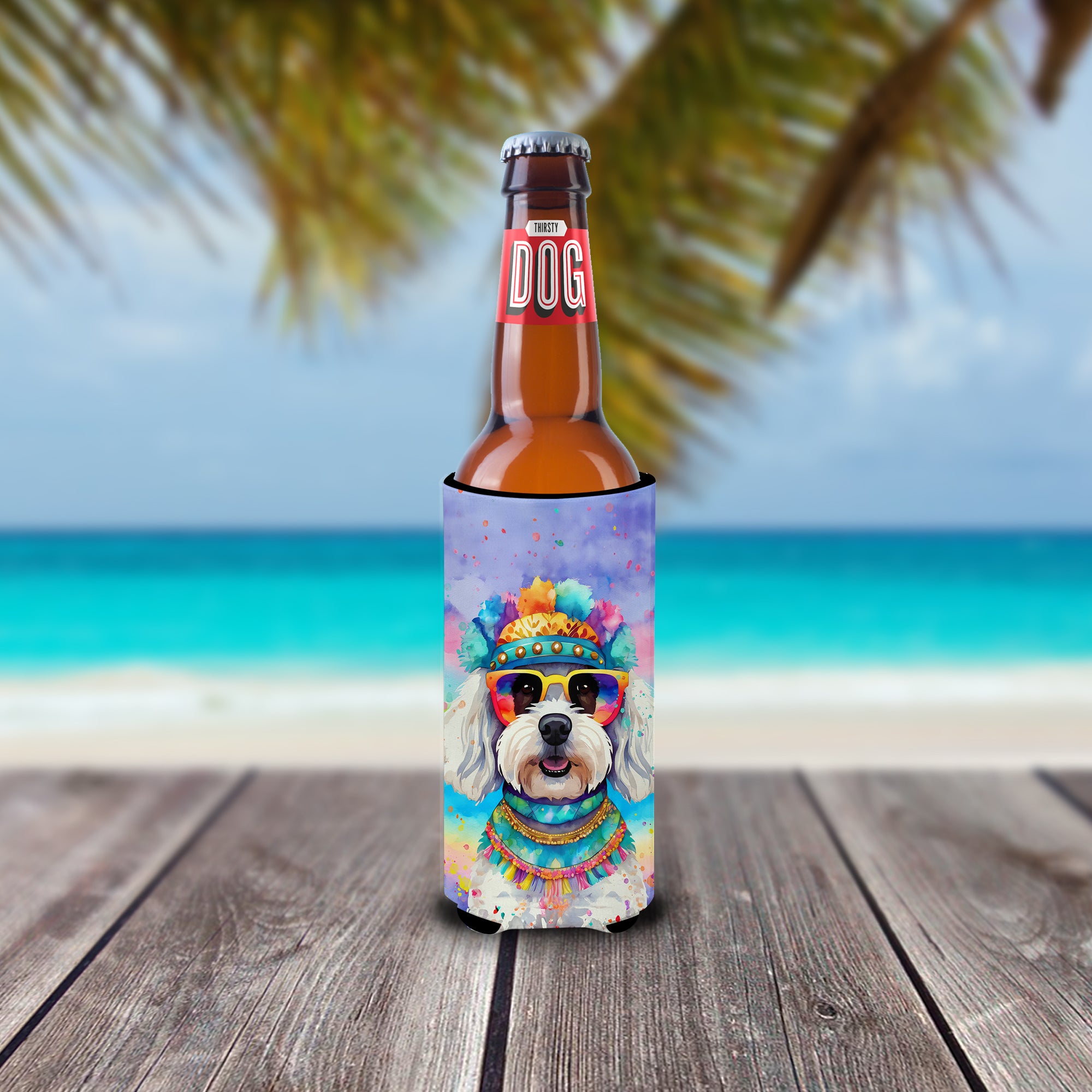 Bichon Frise Hippie Dawg Hugger for Ultra Slim Cans